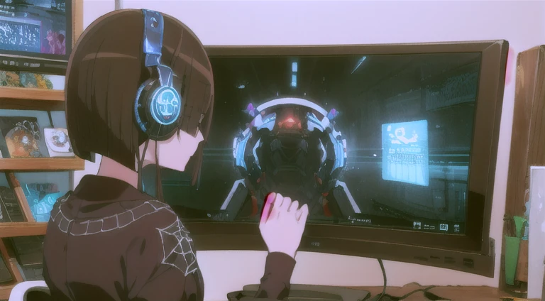 dark room without windows、Neon lighting、デスクトップ コンピューターを使用するアニメのwoman、((Use a large screen gaming computer))、18-year-old、Upper Body, Mid Shot,Shooting from behind、Laughter、rotated、 woman, Fine grain, (ゲームの解説をしている美しいwoman、YouTuber)),Headphones ,short hair, ((Blue short bob hair)), bangs,Casual wear、fashionable、Sit in a gaming chair,tukimichi_spider