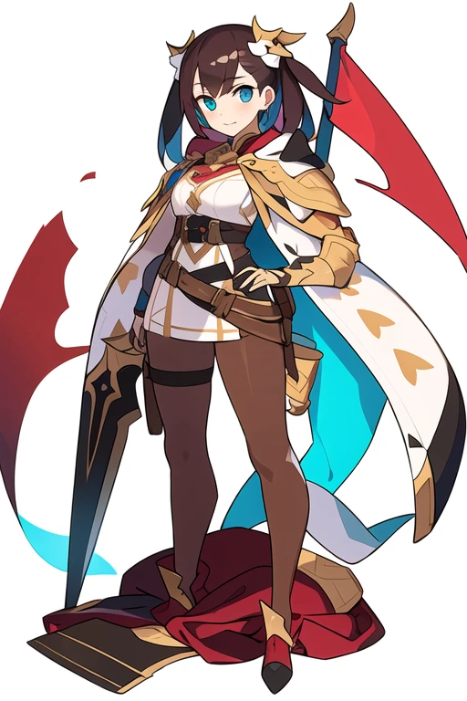 (stand posture), cute eyes, adult woman,, solo, high fantasy outfits, ((white background)), (full body), holding weapon, belt,