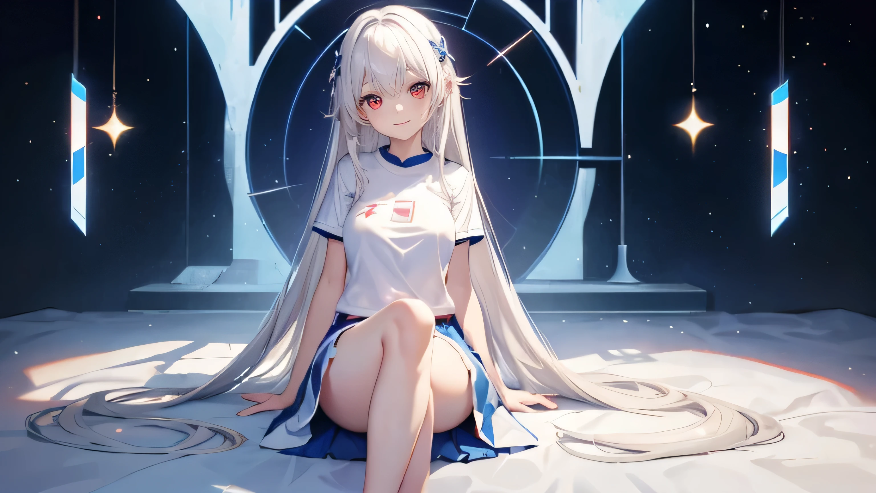 Very cute girl、()、white hair、Long Straight Hair、Bangs are too close to the eye、Light red eyes、(Normal human ear)、Thin arms、Beautiful body、Slim legs、Shapely breasts、Transparent white skin、smile、(T-Shirtini skirt、White and blue)、I know the shape of the nipples、Ultra HD、Digital SLR，Sit on、