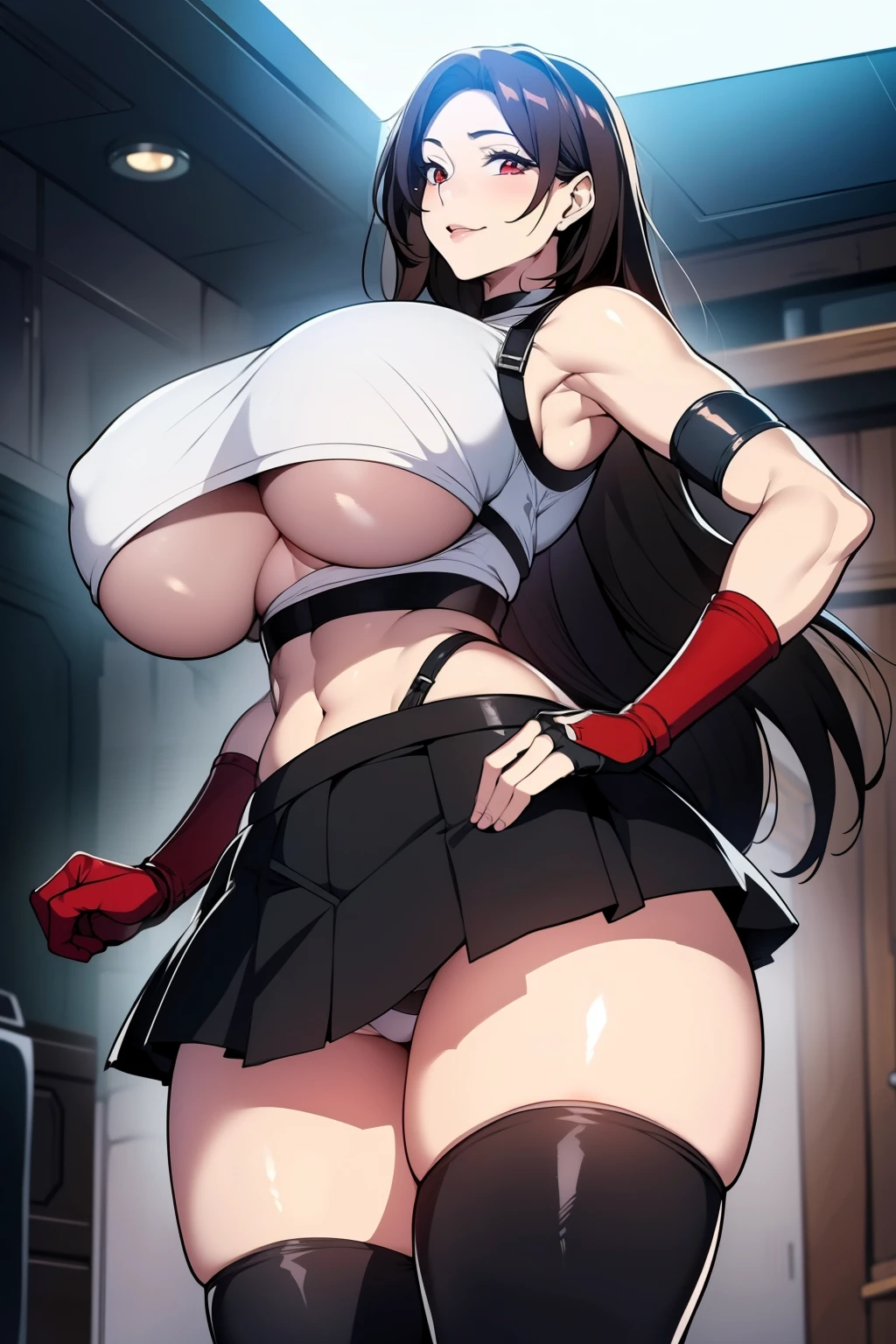 An anime-style artwork depicting tifa from the game final fantasy 7
Tags: tifa, anime, detailed eyes, detailed lips, ass, 1girl, red eyes, gauntlet, elbow pad, skirt, crop top, (black hair:1.1), solo, huge breasts, smiling expression, intense gaze, dynamic pose, indoor, palace, vibrant colors, digital art, high-resolution, professional quality, gigantic breasts, (underboob : 1.4), curvy, cowboy shot, (gigantic breasts: 1.4),