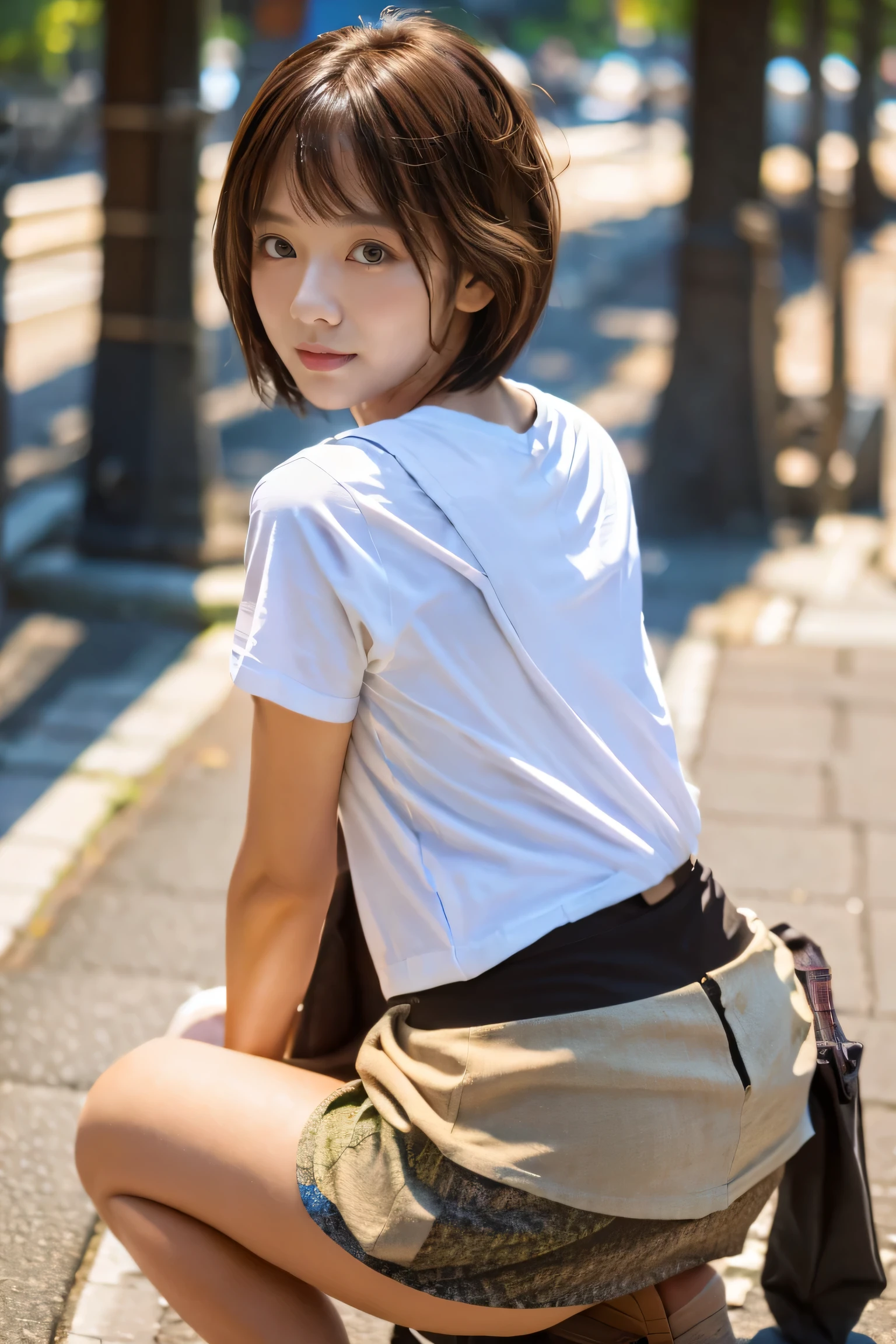masterpiece, highest quality, Photorealistic, Very detailed, finely, High resolution, 8K Wallpaper, Professional, High level of detail, ((One 18 year old girl:1.2)), Slender Japanese women,cute lips, Detailed clavicle, Mid-chest、Perfect Face, (Cute short hair:1.5), Chestnut Hair、((A T-shirt on bare skin:1.5))、A shy smile、((mini skirt:1.5))、(Facing straight ahead and squatting sexily:1.5)
