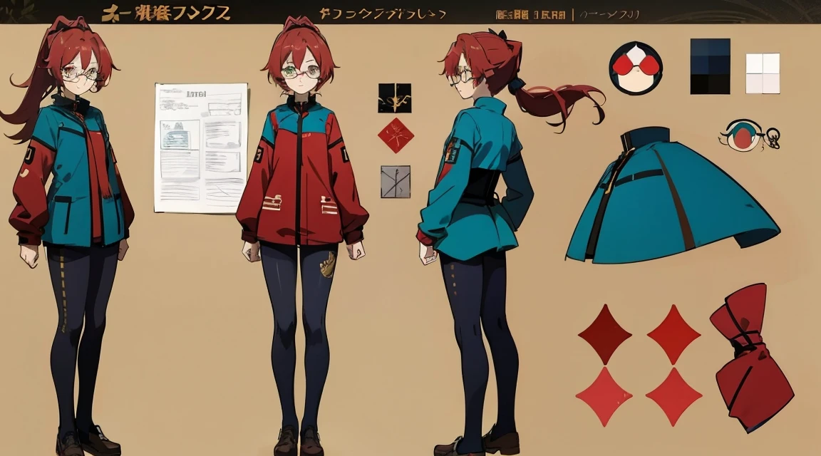 1 person, 22 year old woman, anime style, librarian, red hair, ponytail, ((glasses)), color palette black white red teal, crystal, (character sheet), golden eyes, high quality, masterpiece, (full body view), clothes German inspired 