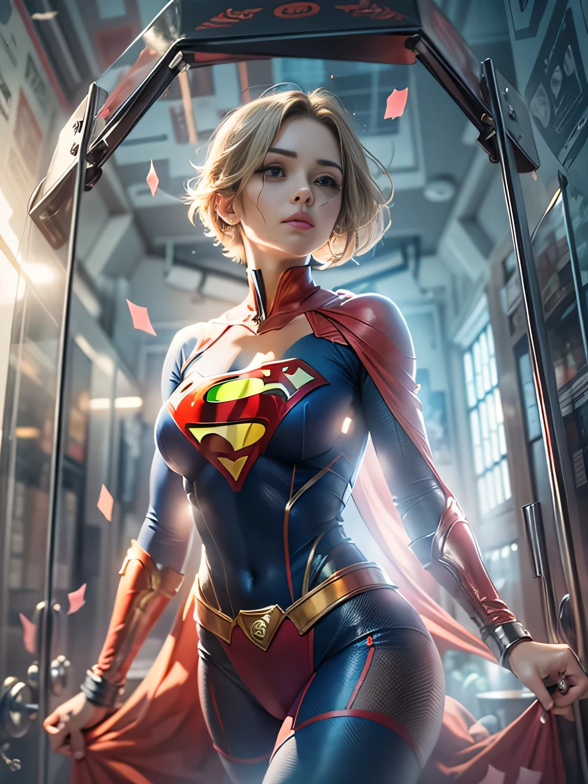masterpiece、Short-haired Supergirl trapped inside a glass case、Big ample breasts、Looking at the camera、Shiny Costumes、