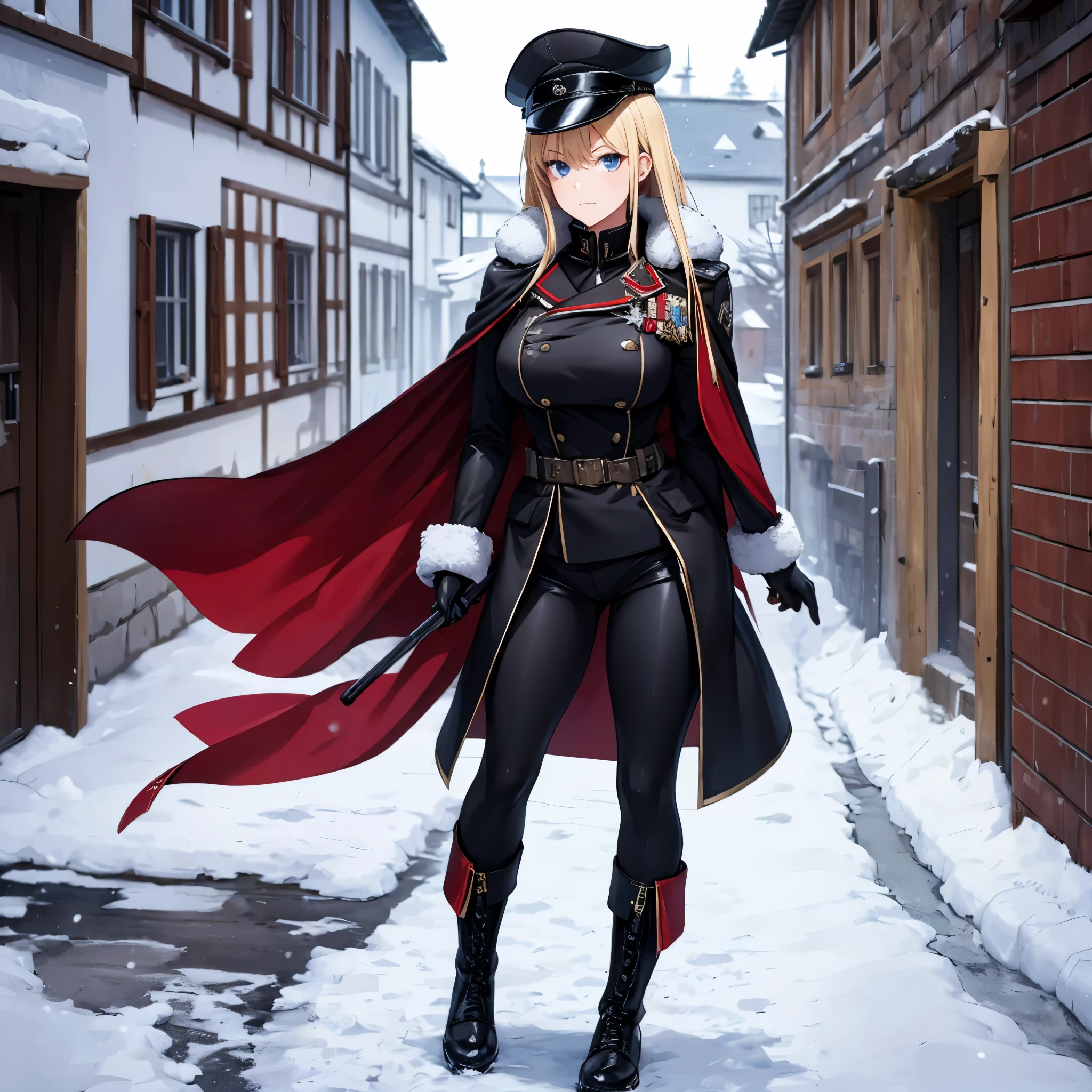 A woman wearing a cold military uniform, black uniform with red details, cold fur cape, long black cape, military boots, big breasts, blue eyes, long blonde hair, black military hat, walking at the high point of a traditional German town , winter weather, snow-covered place, full body,.HDR, ultra resolution, well defined, masterpiece, 8K HD. (solo woman)
