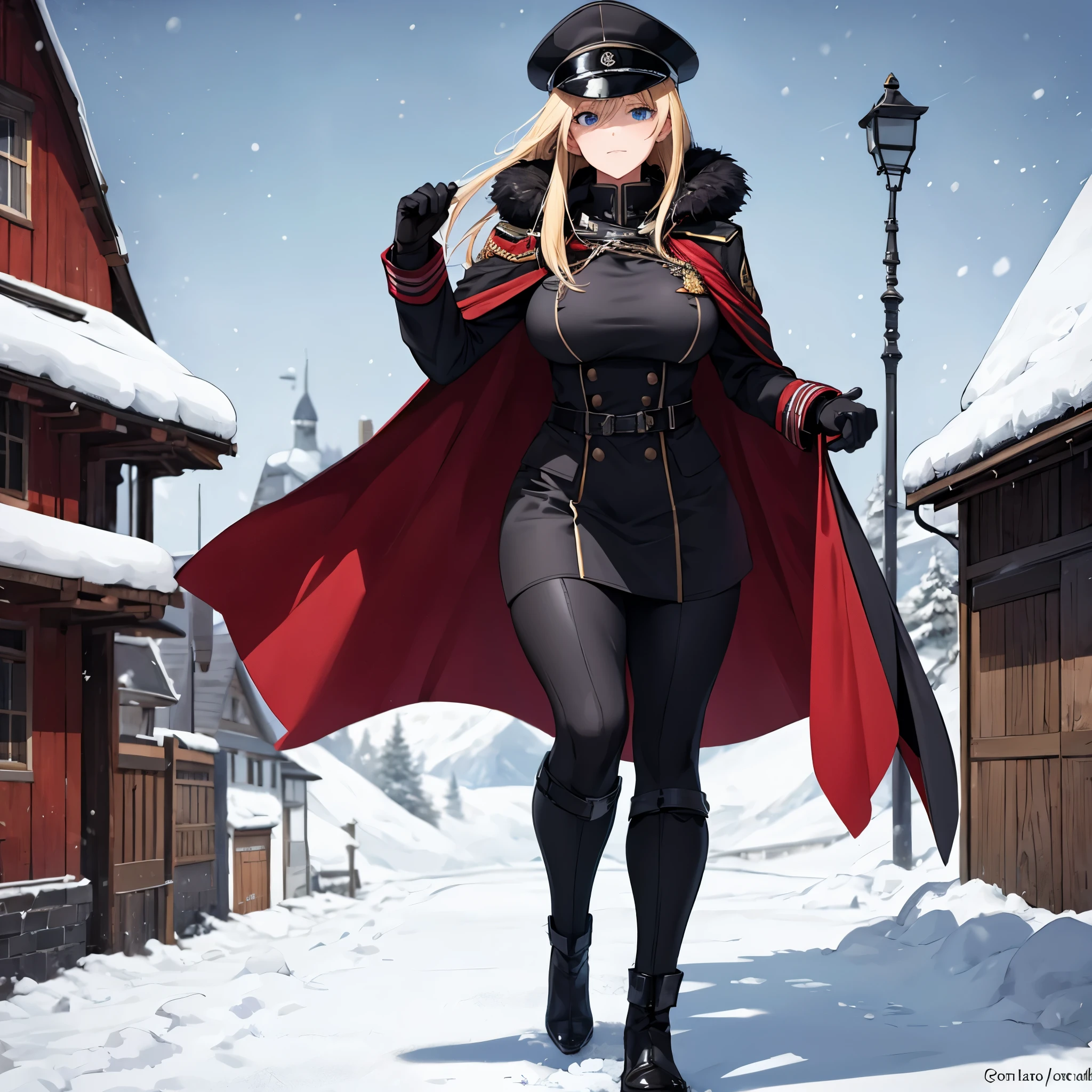 A woman wearing a cold military uniform, black uniform with red details, cold fur cape, long black cape, military boots, big breasts, blue eyes, long blonde hair, black military hat, walking at the high point of a traditional German town , winter weather, snow-covered place, full body,.HDR, ultra resolution, well defined, masterpiece, 8K HD. (solo woman)
