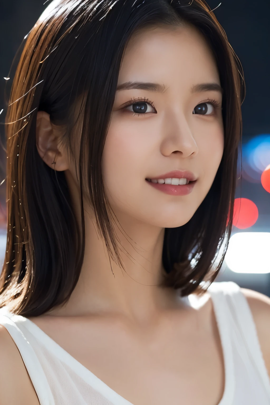 One Girl, (White underwear:1.2),((Close-up of face:1.4))、 (RAW Photos, highest quality), (Realistic, Photorealistic:1.4), Tabletop, Very delicate and beautiful, Very detailed, 2k wallpaper, wonderful, In detail, Very detailedな CG Unity 8K 壁紙, Very detailedな, High resolution, Soft Light, Beautiful detailed girl, Very detailedな目と顔, Beautifully detailed nose, Beautiful fine details, Cinema Lighting, City lights at night, Perfect Anatomy, Slender body, smile