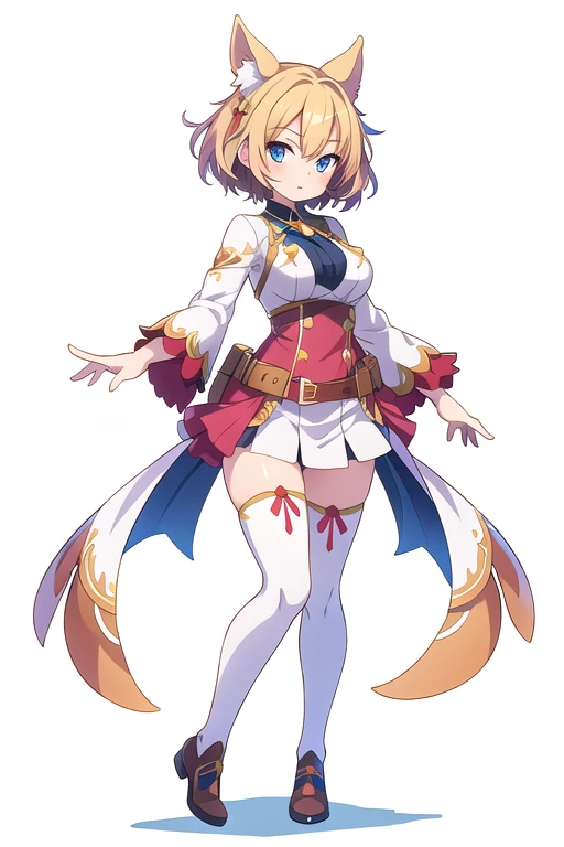 stand posture, cute eyes, adult woman,, solo, high fantasy outfits, ((white background)), full body, holding weapon, thighhighs,