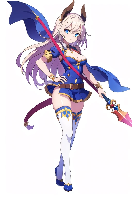 stand posture, cute eyes, adult woman,, solo, high fantasy outfits, ((white background)), full body, holding weapon, thighhighs,
