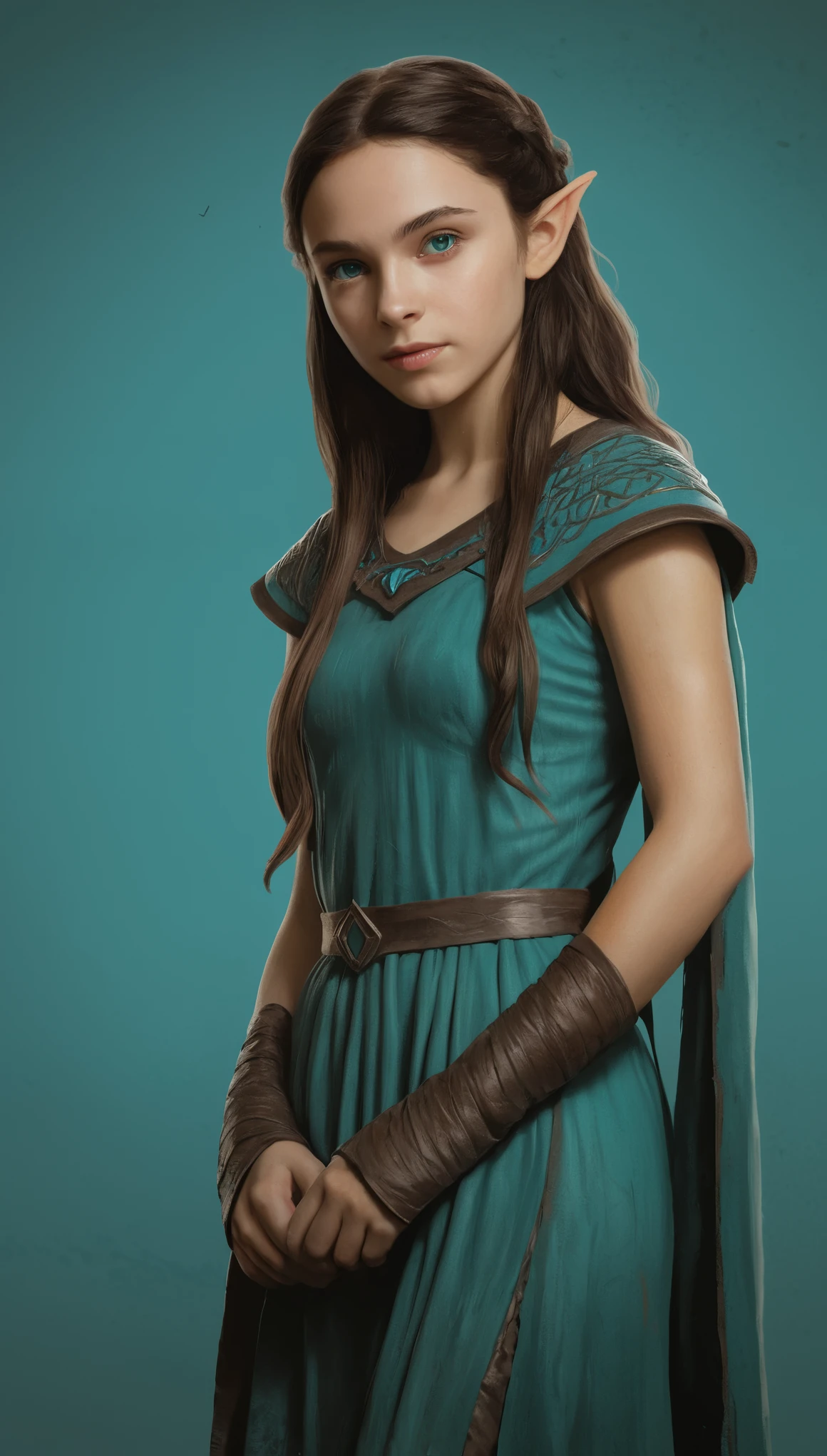 An illustrated movie poster, hand-drawn, full color, a young elven girl, wearing a servant's tunic, warm brown complexion, pointy elf ears, turquoise eyes, dark hair, long loose waves, waist-length hair, posing on a pedestal, hard shadows, graphite shading, stencil marks, airbrushed acrylic paint, masterpiece, in the style of Game of Thrones