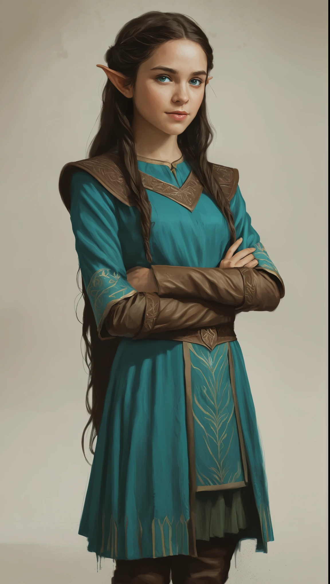 An illustrated movie poster, hand-drawn, full color, a young elven girl, wearing a servant's tunic, warm brown complexion, pointy elf ears, turquoise eyes, dark hair, long loose waves, waist-length hair, posing on a pedestal, hard shadows, graphite shading, stencil marks, airbrushed acrylic paint, masterpiece, in the style of Game of Thrones