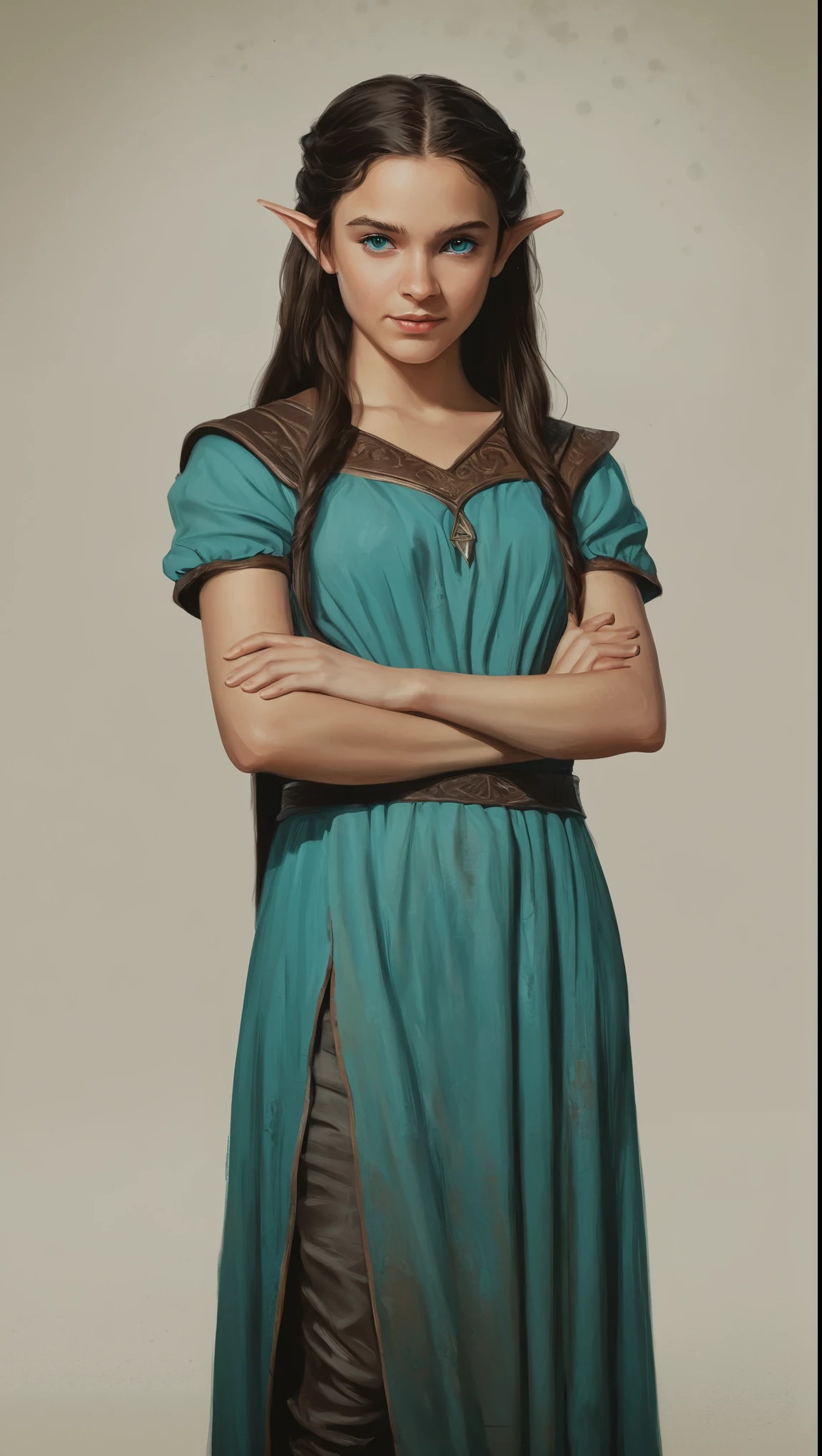 An illustrated movie poster, hand-drawn, full color, a young elven girl, wearing a servant's tunic, warm brown complexion, pointy elf ears, turquoise eyes, dark hair, long loose waves, waist-length hair, posing on a pedestal, hard shadows, graphite shading, stencil marks, airbrushed acrylic paint, masterpiece, in the style of Game of Thrones