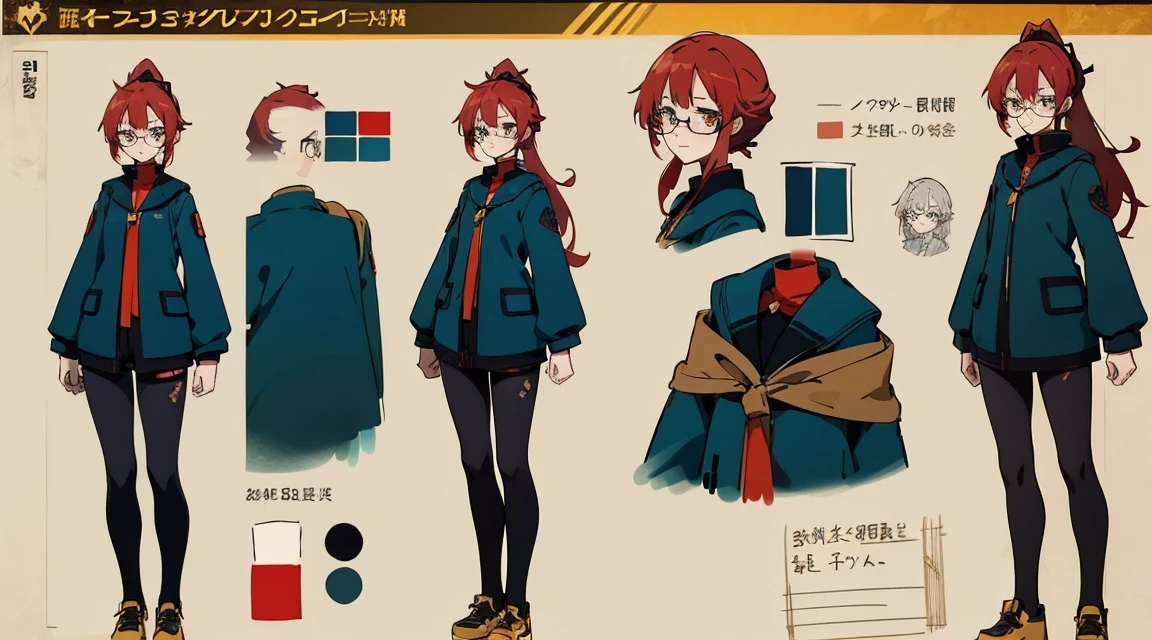 1 person, 22 year old woman, anime style, librarian, red hair, ponytail, ((glasses)), color palette black white red teal, crystal, (character sheet), golden eyes, high quality, masterpiece, (full body view), clothes sci-fi inspired 