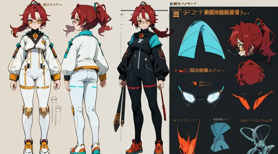 1 person, 22 year old woman, anime style, librarian, red hair, ponytail, ((glasses)), color palette black white red teal, crystal, (character sheet), golden eyes, high quality, masterpiece, (full body view), clothes sci-fi inspired 