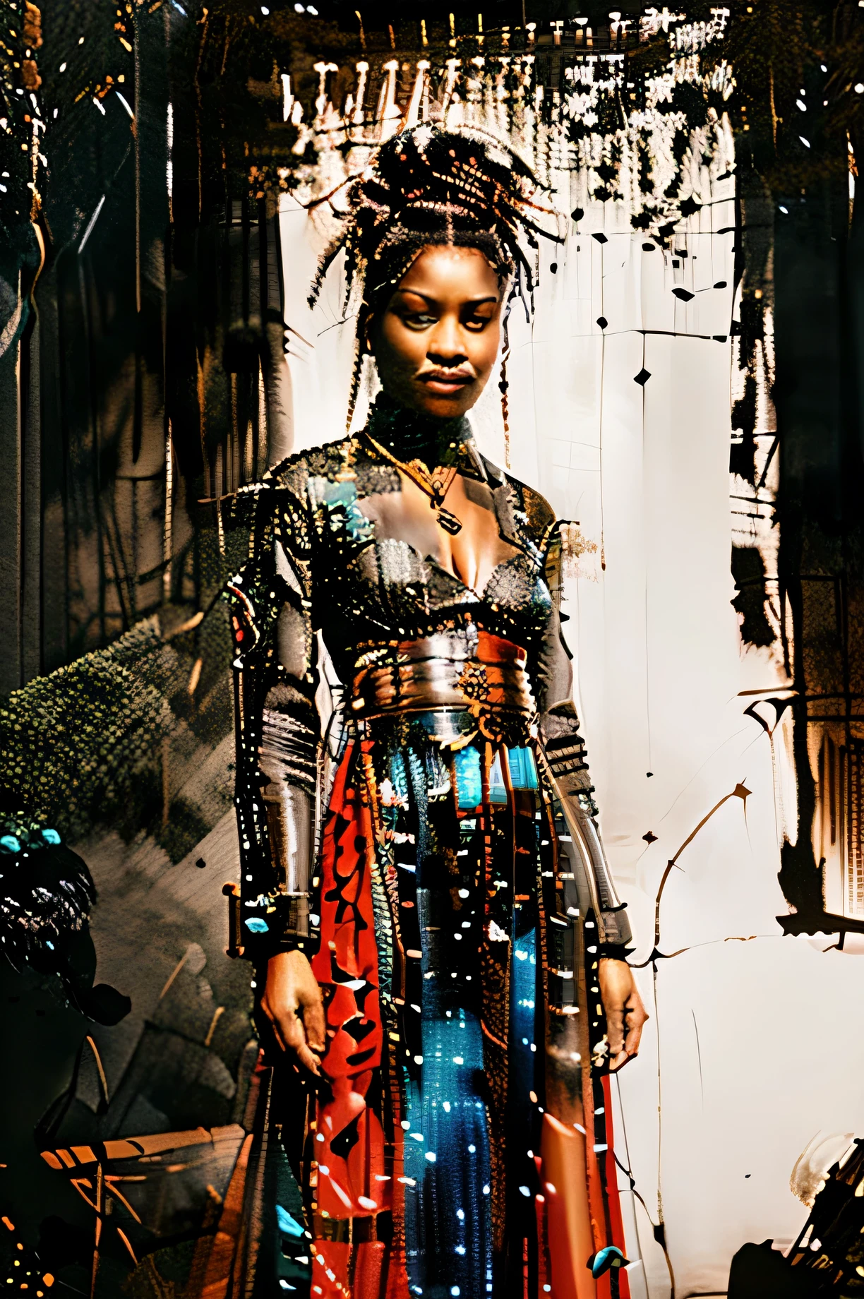 Futuristic tribal black woman in African rural attire, dreadlocks , intricate beadwork jewelry, (strong African features), (powerful and confident expression), (striking contrast between modern and traditional elements), (high-tech gadgets and accessories seamlessly incorporated into the attire), (futuristic tribal patterns and prints on the clothing), (dynamic and fluid movement), (otherworldly glowing eyes), (cyberpunk aesthetic with traditional African aesthetics)