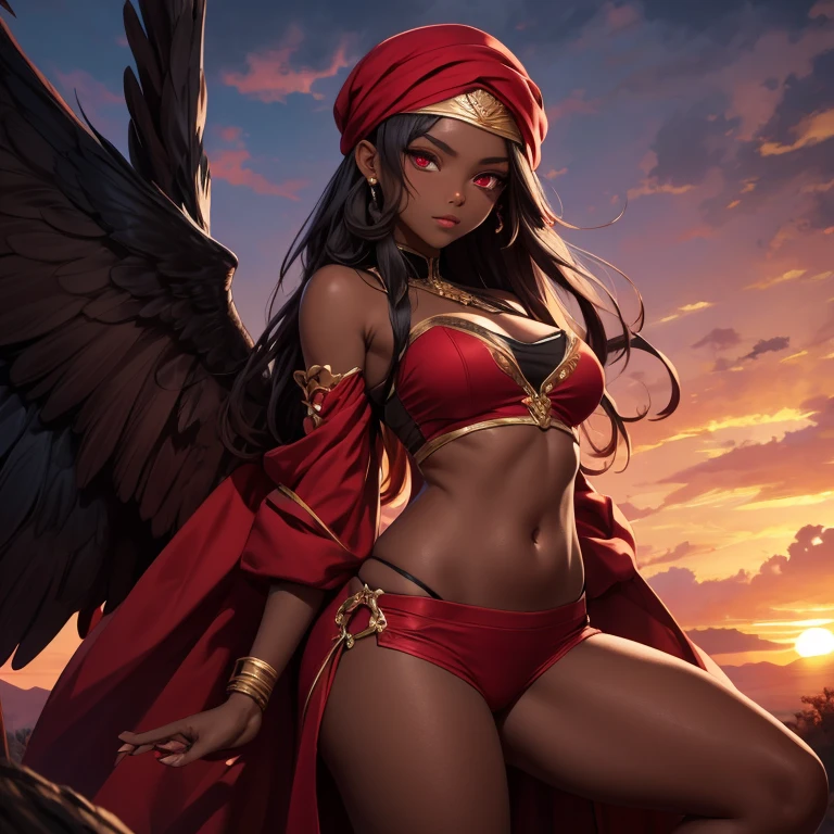 Thighs、Dark skin、Red clothes、belly button、shoulder、turbaned、The background is the wilderness、outside、long hair、Red eyes、Red sunset、Open-chested clothing、Black wings、