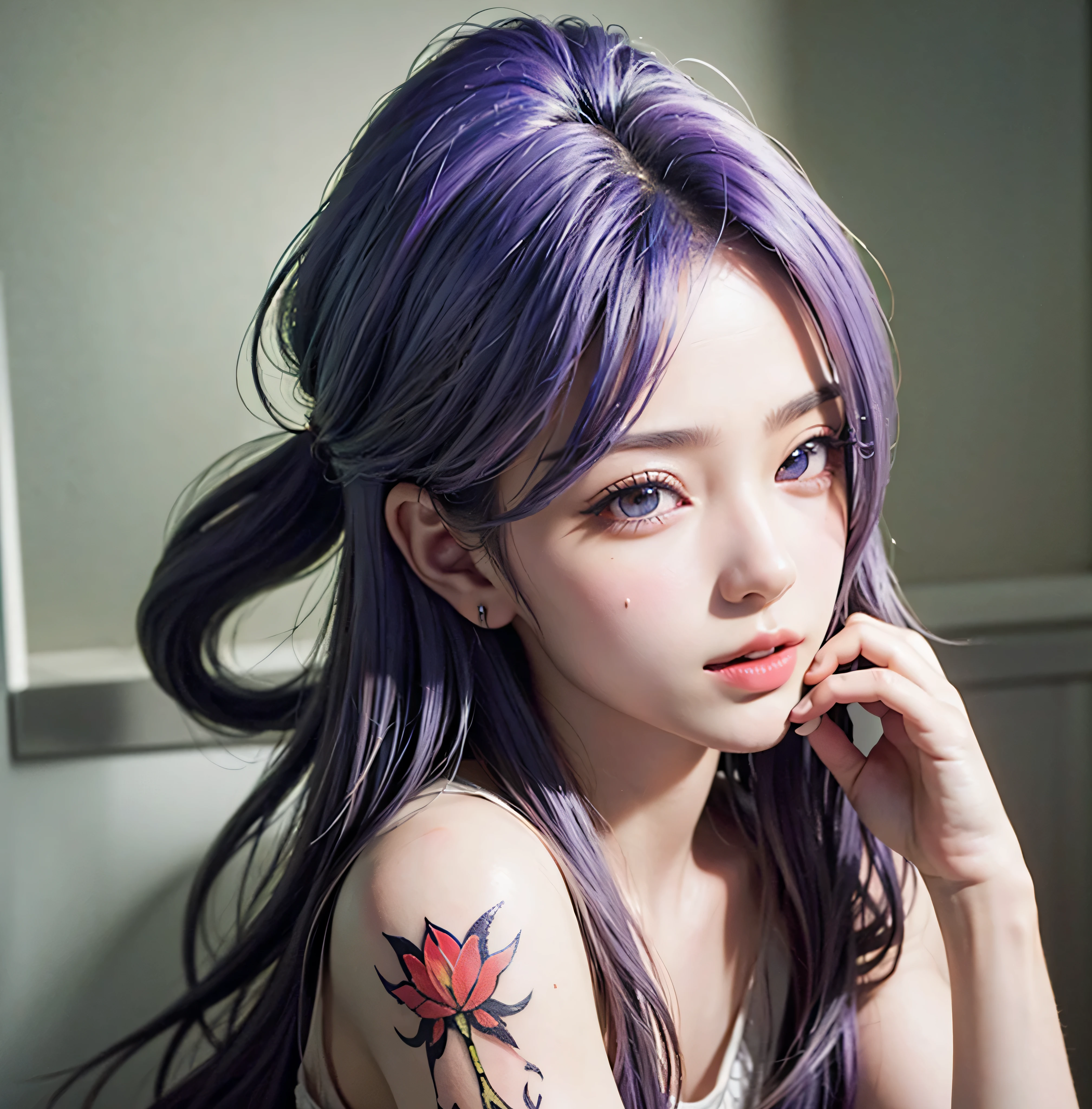 ulzzang -6500-v1.1, animesque、anime styled、ssmile、portraitures、Beautiful and moisturized silver-white eyes like crystal clear glass、Beautiful detailed woman, extremely detailed eye and face, Beautiful detailed eyes,  huge filesize, ultra-detailliert, hight resolution, ighly detailed, top-quality, ​masterpiece,  illustratio, ighly detailed, nffsw, unification, 8k wallpaper, splendid,jewelry, tattoos, finely detail, ​masterpiece, top-quality, Highly detailed ticker uniform 8K wallpaper, Light on the Face、Movie Lighting、Very cute 1８Year old girl, purple eyes, blue hair, red hair 