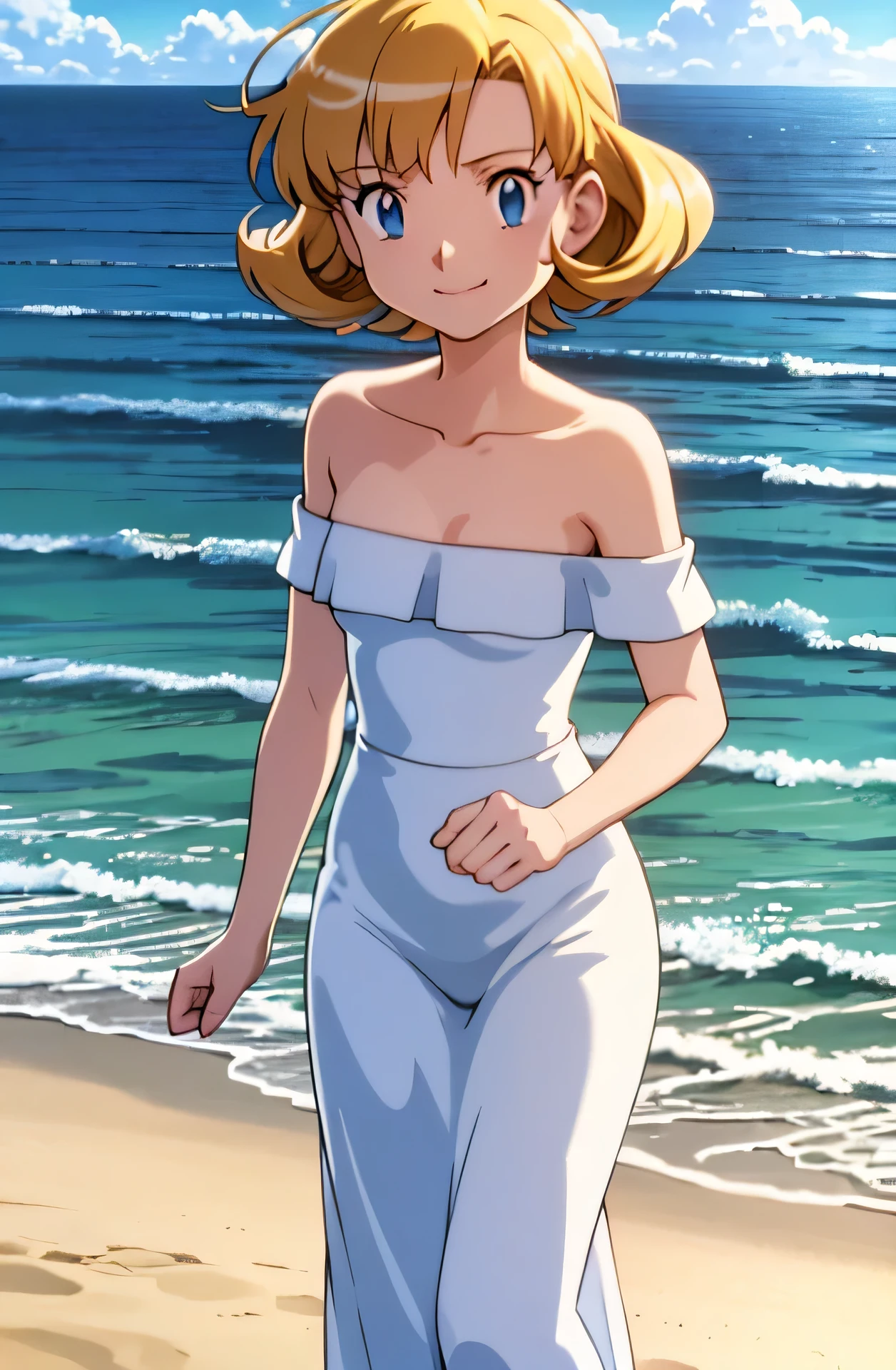 pokemovies, sugimori ken, ken sugimori ken \(style\), anime screencap, masterpiece, best quality, highres, outdoors, small breasts, 1 girl, Solo, Blue Eyes, Beautiful Detail Eyes, Blonde Medium Hair, Short Hair, Bangs, Good hands are down, Smile, Blushing, Bare Neck, Bare Shoulders, strapless, White Ruffle Off-the-Shoulder maxi dress. Cowboy shot. A landscape of the beach, sea, blue skies, sand beach. In the center. Walking on the beach with bare feets. Far from the bottom, looking at viewers