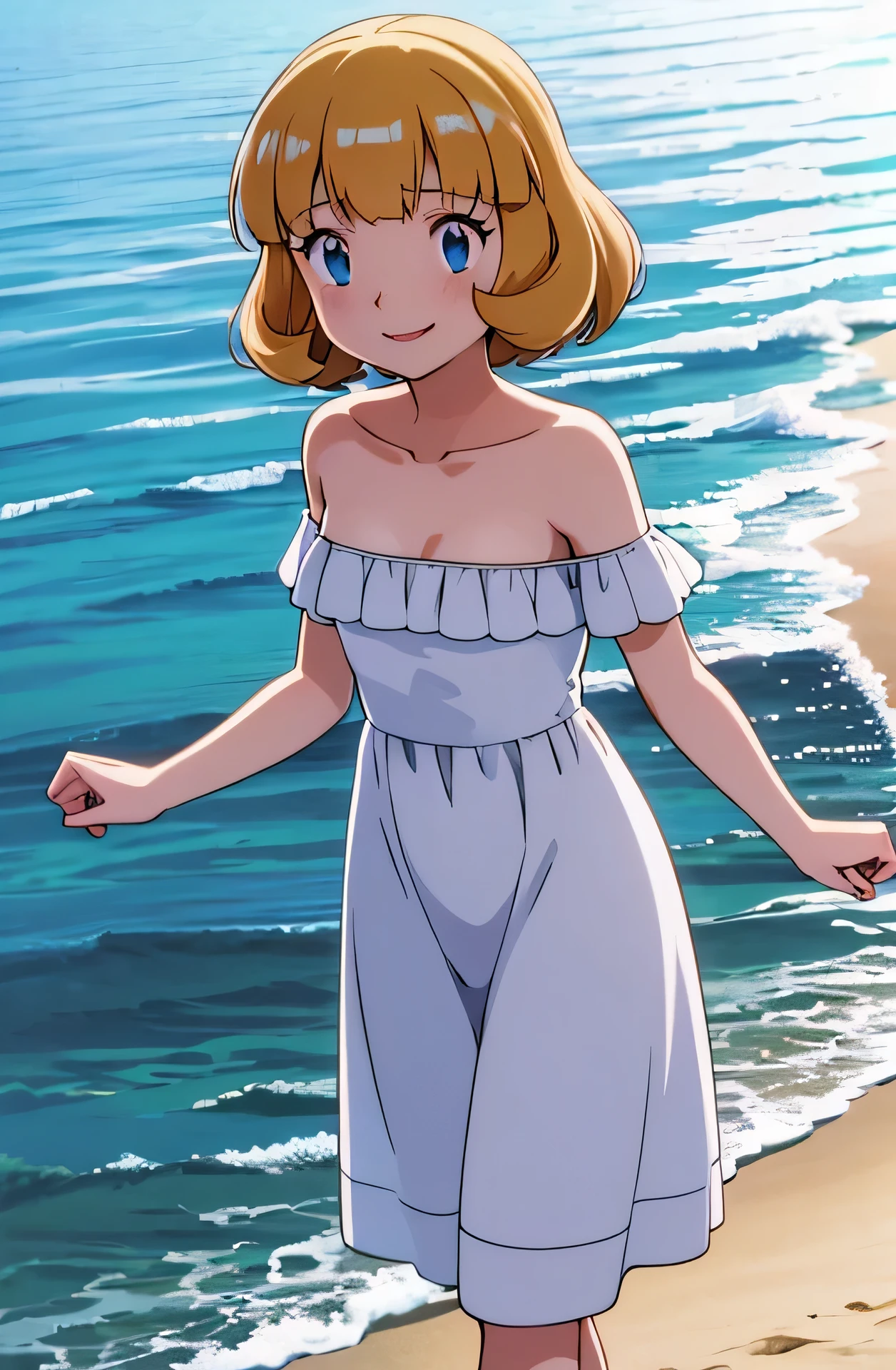 pokemovies, sugimori ken, ken sugimori ken \(style\), anime screencap, masterpiece, best quality, highres, outdoors, small breasts, 1 girl, Solo, Blue Eyes, Beautiful Detail Eyes, Blonde Medium Hair, Short Hair, Bangs, Good hands are down, Smile, Blushing, Bare Neck, Bare Shoulders, strapless, White Ruffle Off-the-Shoulder maxi dress. Cowboy shot. A landscape of the beach, sea, blue skies, sand beach. In the center. Walking on the beach with bare feets. Far from the bottom, looking at viewers