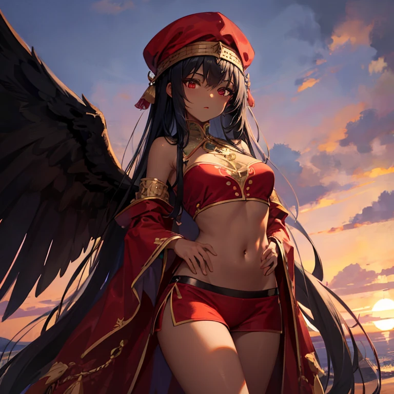 Thighs、Dark skin、Red clothes、belly button、shoulder、turbaned、The background is the wilderness、outside、long hair、Red eyes、Red sunset、Open-chested clothing、Black wings、