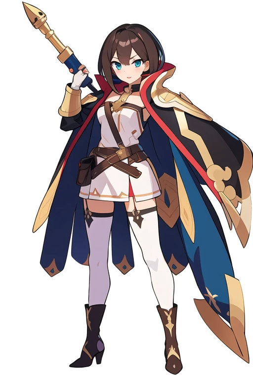 (stand posture), cute eyes, adult woman,, solo, high fantasy outfits, ((white background)), (full body), holding weapon, belt, thighhighs,
