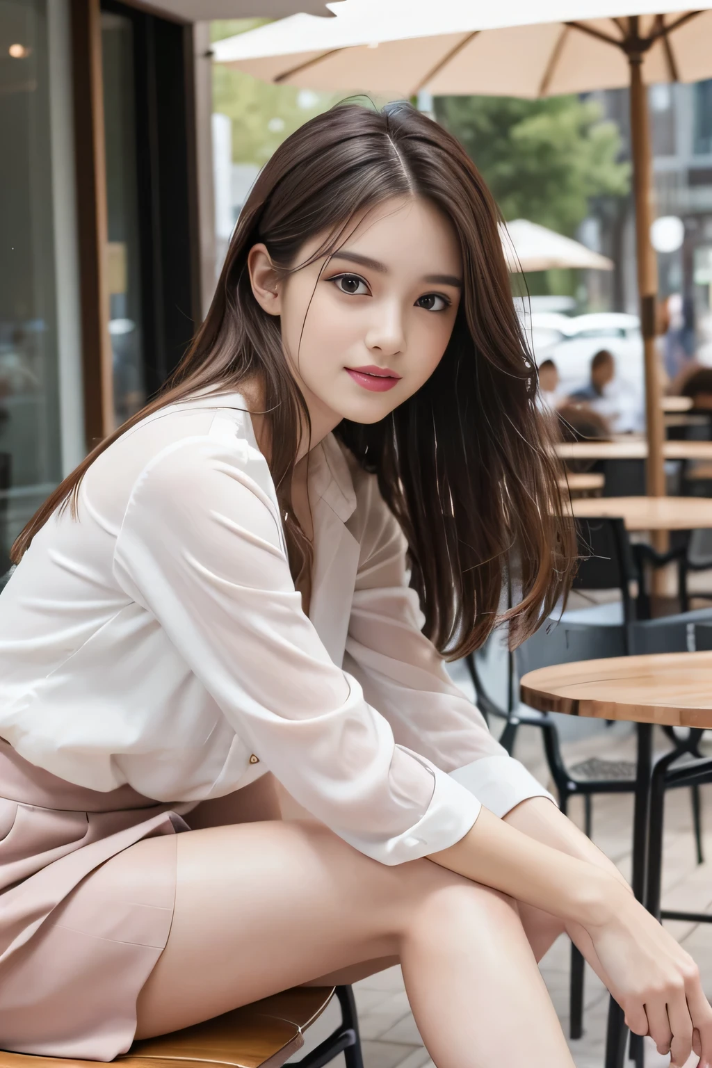 highest quality, Realistically, Very detailed, More about pubic hair, High resolution, 8k wallpaper, One beautiful woman, Pink wet lips, Light brown messy hair, Wearing a suit, shirt, White Skirt, Lock focus, Perfect dynamic composition, Beautiful Eyes, Delicate Hair, Detailed Realistically skin texture, smile, Close-up portrait, Model Body Type, On the open terrace of the cafe, blurred background, (full body shot), Take photos from a distance, Random body orientation,Sitting on a chair、