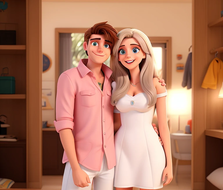 melhor qualidade, casal branco homem cabelo castanho e mulher com mechas loiras feliz sorriso perfeito