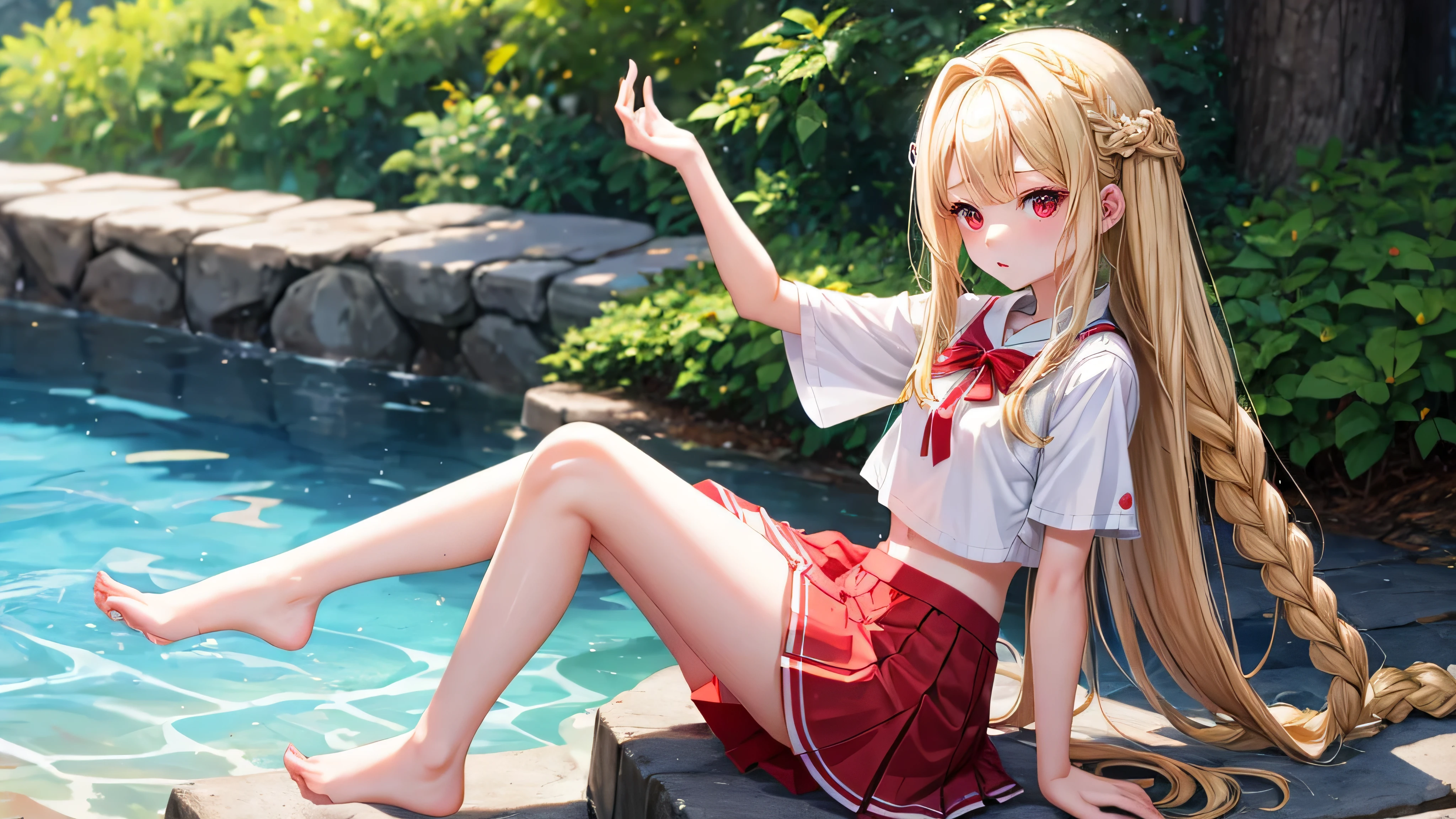 、blonde、Braiding、Red eyes、1 cute girl、alone、And soul、、mini skirt、transparent white skin、White skin、Beautiful Skin、Beautiful feet、Slim Legs Park、Sit on