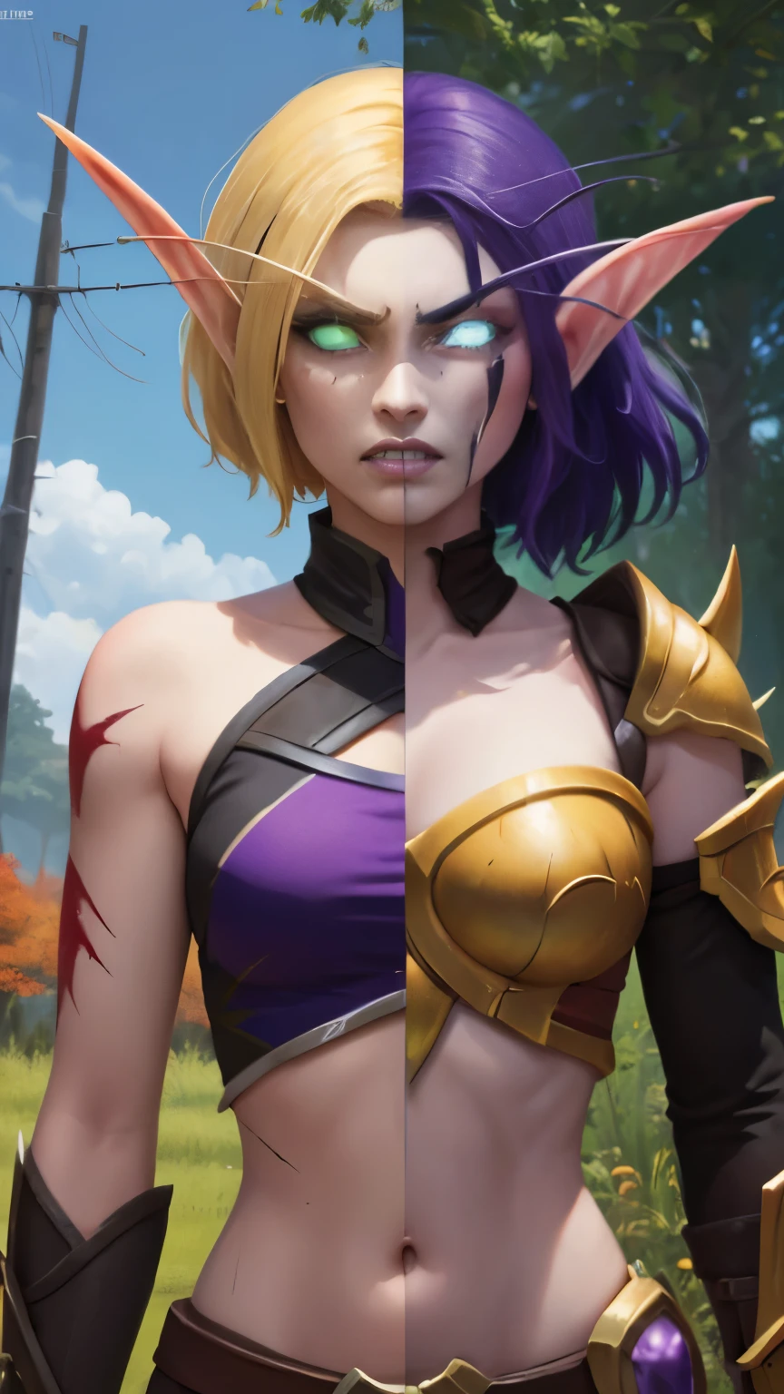(Masterpiece, highly detailed, highly quality, highly resolutions), split colored hairs, split colored eyes, split theme ((SplitScreen, split screen, BREAK nightelf, angry, clenched teeth, scars on face, glowing eyes, blue eyes, Purple Hair, colored skin, mature female, purple midriff, navel, purple spike shoulder pad, platinum trim, green leaves, looking at viewer, forest, night, bare shoulders, spring season), (SplitScreen, split screen, BREAK bldelf, angry, clenched teeth, blood strains on faces, glowing eyes, yellow eyes, Blonde hair, colored sclera, mature female, red short shirt, navel, red shoulder pad, gold trim, yellow leaves, looking at viewer, forest, day, bare shoulders, Fall season))