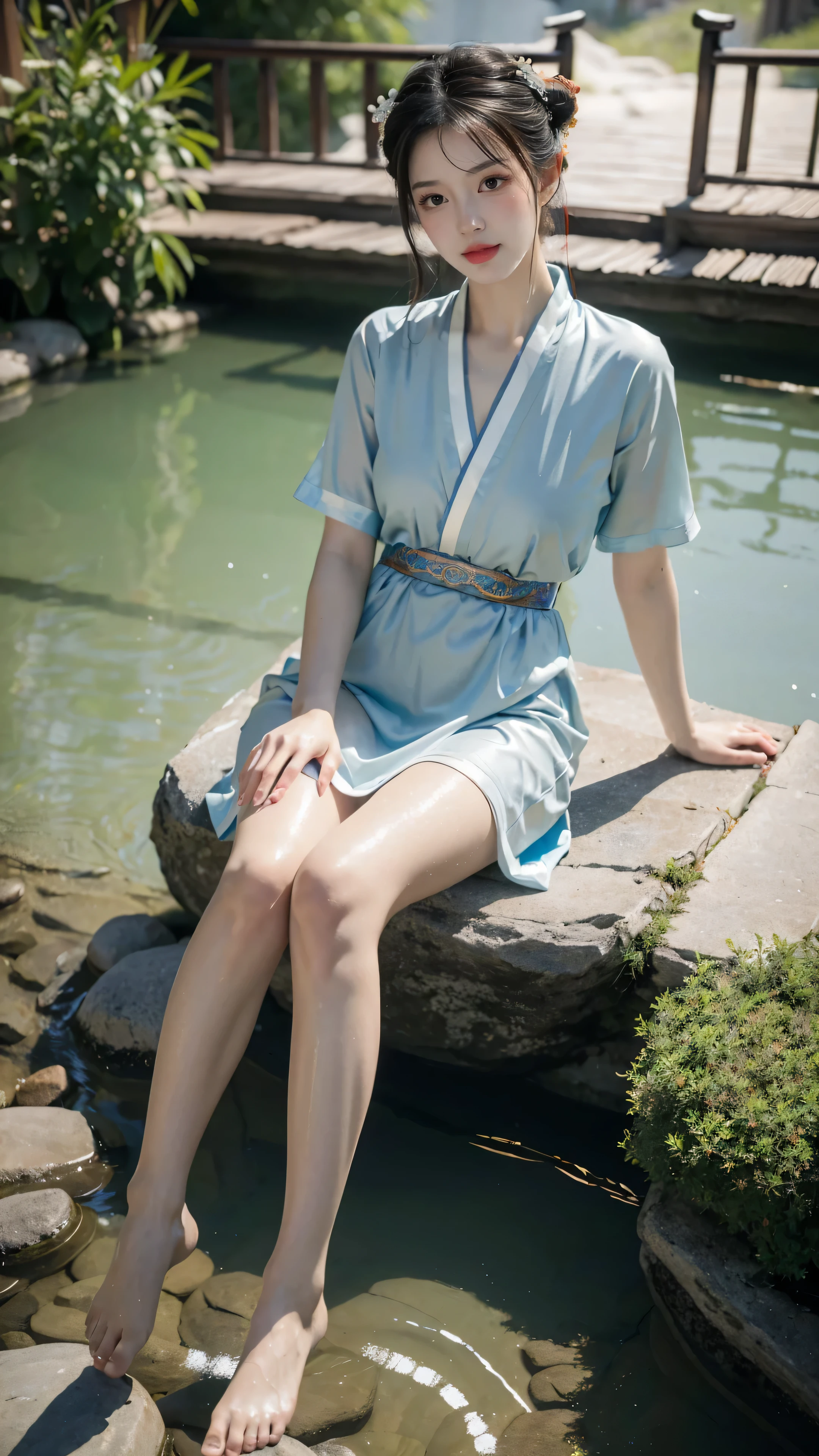 (best quality,4k,8k,highres,masterpiece:1.2),ultra-detailed,(realistic,photorealistic,photo-realistic:1.37),2girls,hand and foot details with realistic details,realistic face,makeup,short dress,(full body:1.2),long legs,leg details,hot spring,wet,traditional Chinese clothing:1.1),headpiece