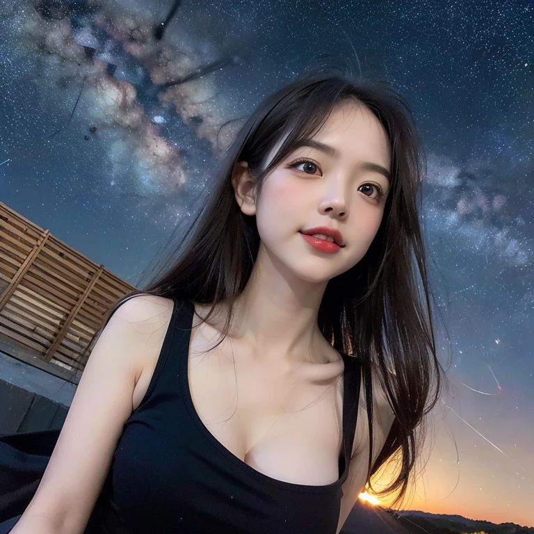 
highest quality, High resolution, (Realistic:1.2), 1 beautiful Japanese girl, Happy smile, High definition eyes, (Large eyes with thick, well-defined double eyelids:1.4), Droopy eyes, Dimples, Black Hair, Long hair blowing in the wind, Slender body, Small breasts, Cleavage, Thighs, White sleeveless dress, Moonless night sky, (Starry Sky, midnight:1.4), Milky Way, meteor, Outdoor, plateau, View angle from below, Cinematic lighting, 