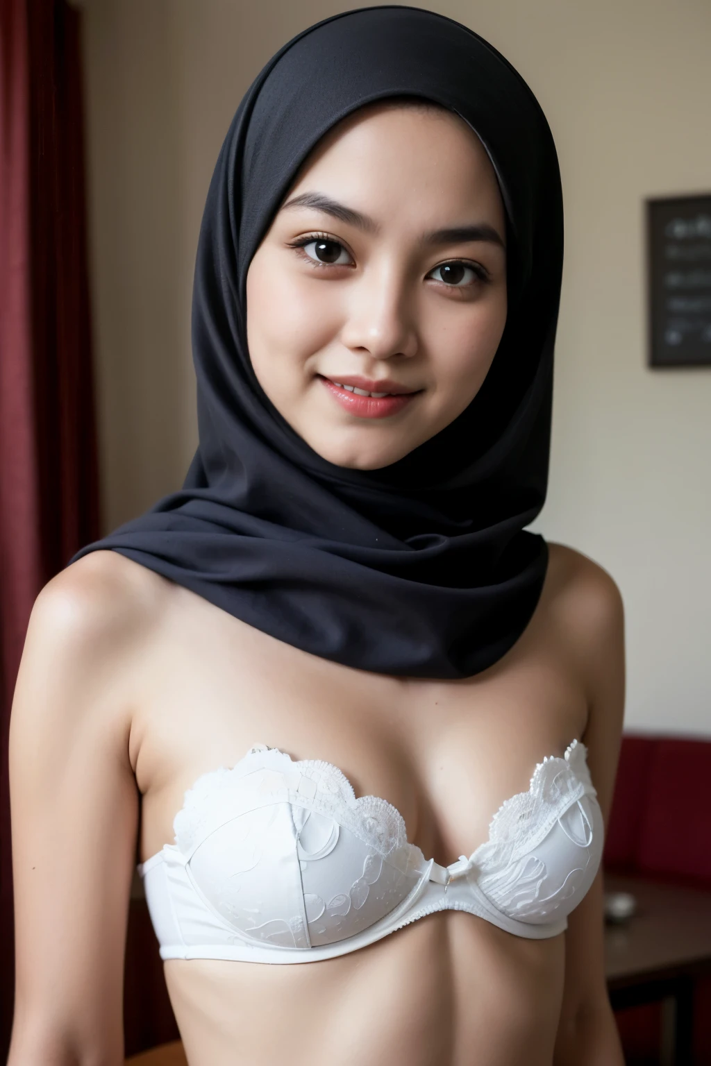 (Happy smile), (((HIJAB MALAY GIRL))), masutepiece, High quality, UHD 32K, Realistic face, Realistic skin feeling , A Japanese Lady, 8 years old, , Very cute and baby-like face, (((FLAT CHEST))), (MATRIX WORLD), ((look In front at the camera and SADNESS)), ((())), (((CUTE GIRL))), ((ORANGE LIPS)), ((Floral Pattern)) little wearing strapless bra, strapless colorful bra