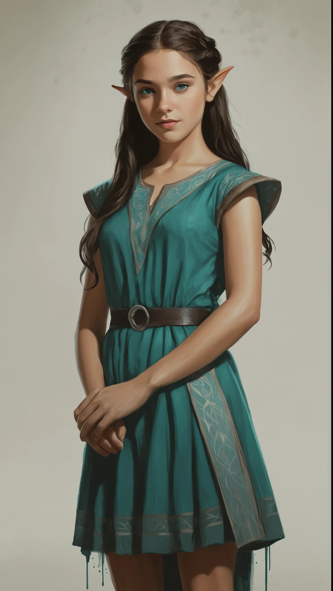 An illustrated movie poster, hand-drawn, full color, a young elven girl, wearing a servant's tunic, warm brown complexion, pointy elf ears, turquoise eyes, dark hair, long loose waves, waist-length hair, posing on a pedestal, hard shadows, graphite shading, stencil marks, airbrushed acrylic paint, masterpiece, in the style of Game of Thrones