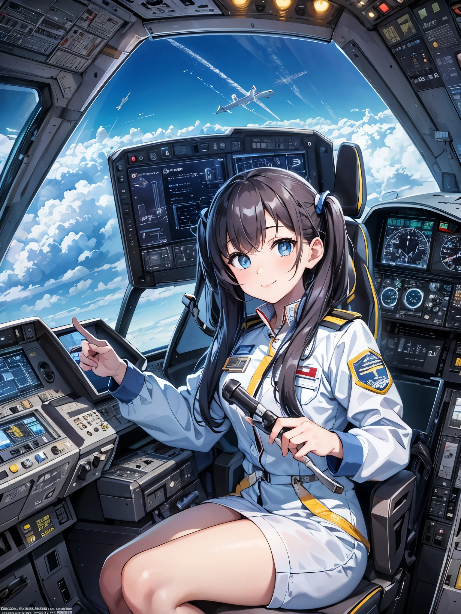 masterpiece, Flying in the sky on a large passenger plane、I can see the plane flying from the cockpit.、Beautiful young pilot sitting in the cockpit、Light blue long hair、Beautiful girl with twin tails、Bright smile、Pilot uniform、Wear a pilot cap、Adorned with patches that represent experience and expertise....  Cockpit interior scene from the movie, The cockpit is filled with light panels..., Dials and buttons., Convey a sense of precision and control. Pilot looks at dashboard、I pressed the button through the transparent roof.。..., A magnificent view of the vast sky..., Fluffy white clouds and streaks of sunlight、And a spot showing other commercial aircraft flying in the background...., The pilot&#39;s hands gently gripped the control stick.... , Spectacular Scene, Vibrant colors, Full HD,  Ultra high definition, dramatic light, asymmetric configuration, Realistic portraits, Unreal Engine, Concept Art