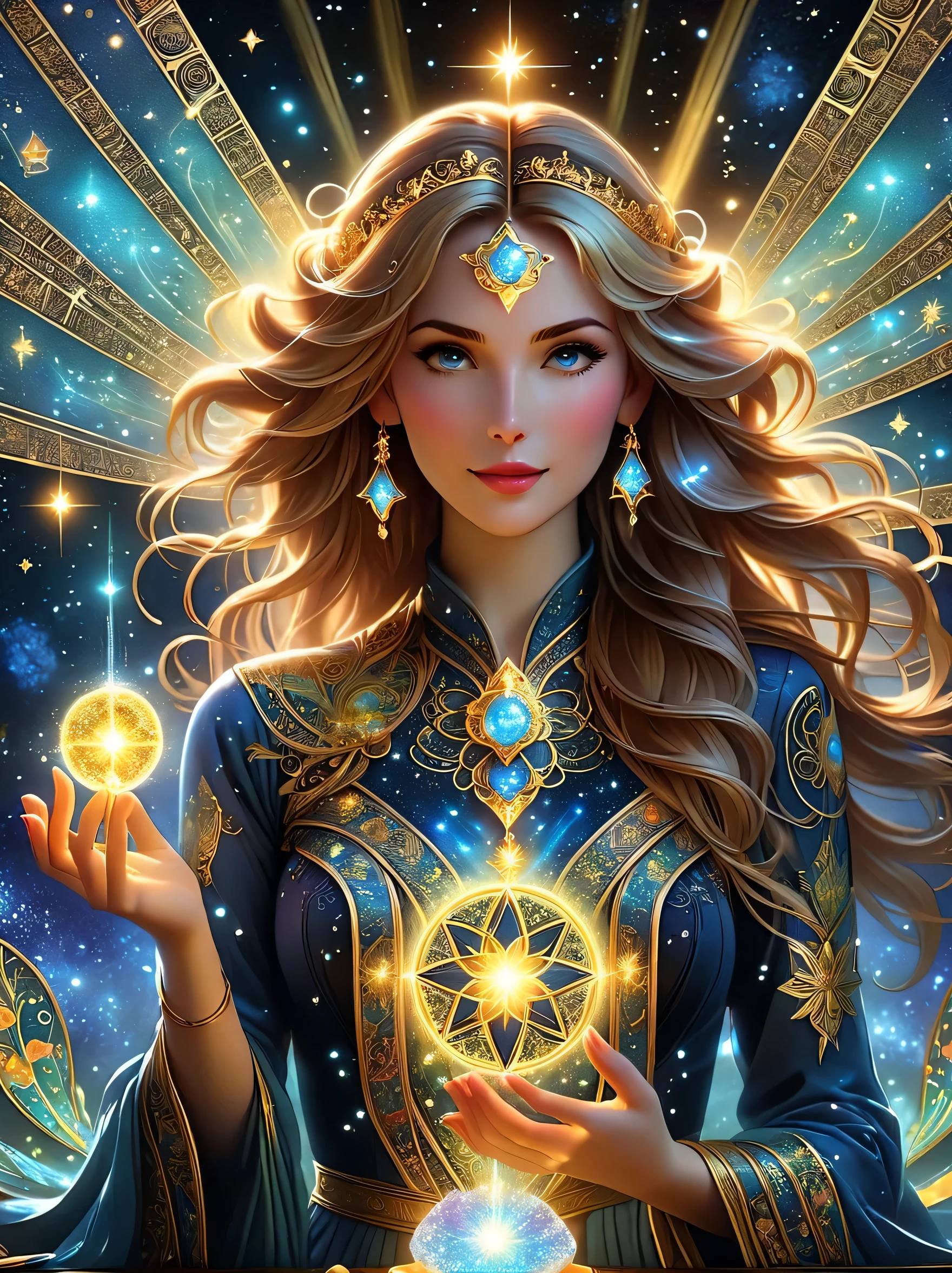 ((Long shot:1.9)),((panoramic)),(tarot card:1.5,Rotational symmetry,center),On a night sprinkled with starlight, a mysterious tarot card gently floats above the palm of an astrologer. The card depicts a vivid nightscape, with constellations outlined in silvery lines as if dancing on a black velvet backdrop. Each constellation glimmers subtly, with a radiant sun at the center symbolizing the wellspring of life and energy. The edges of the tarot card are adorned with intricate golden geometric patterns, resonating with the mystical power of the constellations. Surrounding the astrologer, ancient scrolls, crystals, and magical herbs emitting a faint glow are scattered on a table inlaid with a star map. The entire scene is like a fantasy artwork, filled with the magic of the unknown and possibilities.