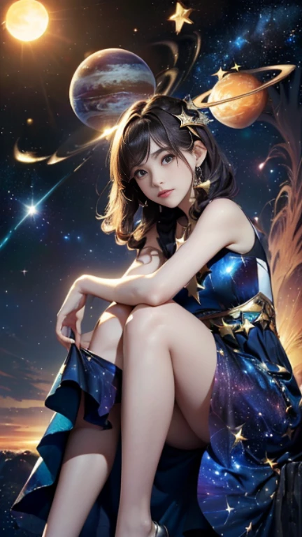 (((masterpiece))),((highest quality)),Beautiful girl,pale, (A character who personifies the universe: 1.5), (((hair is a star:1.5)))、(planet dress:1.5)))、(belly button)、(sun:1.5),(Private Server), (Exposing Skin),(The background is the night sky 1.5).(((from the front:1.5)))、(straight front: 1.5)、(((Hold 1'knees:1.5)))、