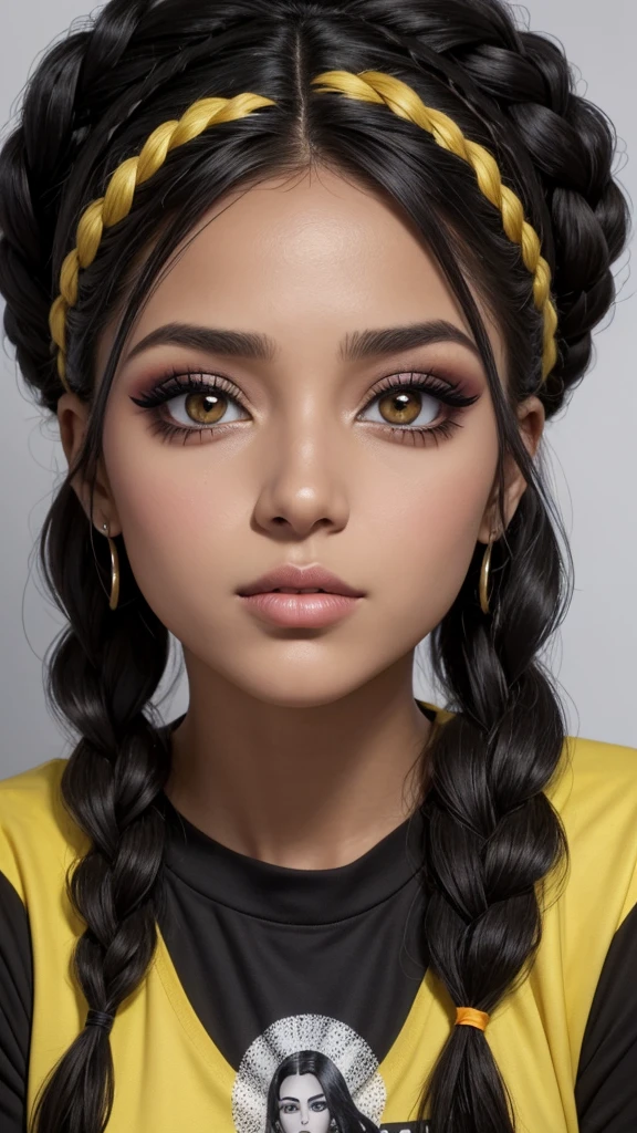 mujer atractiva, pelo negro, trenza simple, ojos seductores, mirada intensa, boca partida, rubor profundo, nervioso, Hermoso rostro, amazing makeup, Camiseta con hombros descubiertos