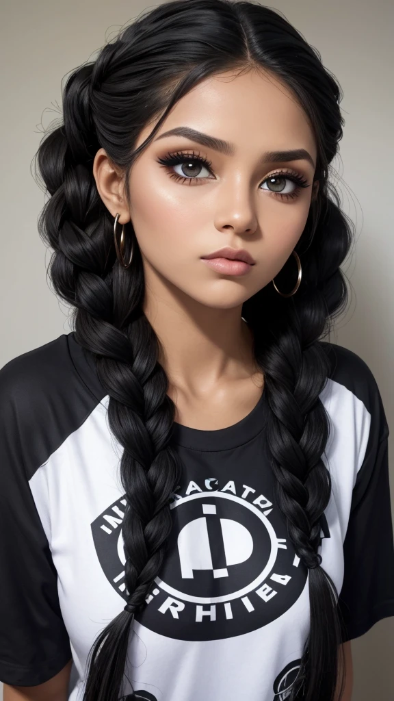 mujer atractiva, pelo negro, trenza simple, ojos seductores, mirada intensa, boca partida, rubor profundo, nervioso, Hermoso rostro, amazing makeup, Camiseta con hombros descubiertos