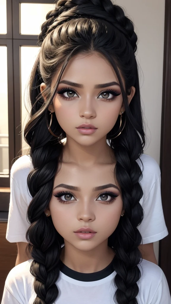 mujer atractiva, pelo negro, trenza simple, ojos seductores, mirada intensa, boca partida, rubor profundo, nervioso, Hermoso rostro, amazing makeup, Camiseta con hombros descubiertos