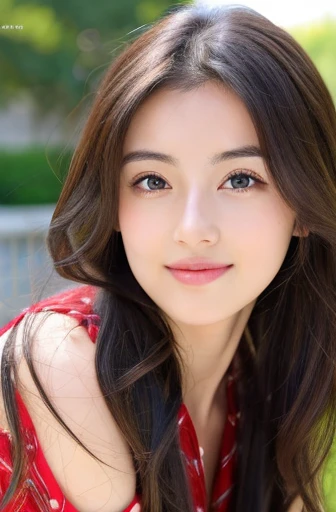 (((32k,Attention to details,Attention to detail、masterpiece,Attention to detail,alone))),RAW Photos & Realistic atmosphere,beautiful dark black eyes,Mouth details,glossy lips,Thin eyebrows,Beautiful Eyes、Soft white skin that shines in every detail、sheの深い黒色の目はとても美しいです,Lip details、Very beautiful face,Very beautiful face、A vivid face,Beautiful, shining lips,Beautiful Eyebrows,Infinite Reality, Realistic Young Gravure Idol,she'she'she'she'she'Very cute woman , Young Gravure Idol, Young Gravure Idol, とても美しくてかわいいBeautiful 21 year old girl,Incredibly beautiful and elegant,Beautiful 21 year old girl,Natural soft light,(Shiny Hair,,Beautiful and kind eyes:1.5),A kind smile,well-shaped chest,Medium Long Hair,Tying up hair,Beautiful posture,No makeup,Looking Ahead,Red Shirt,