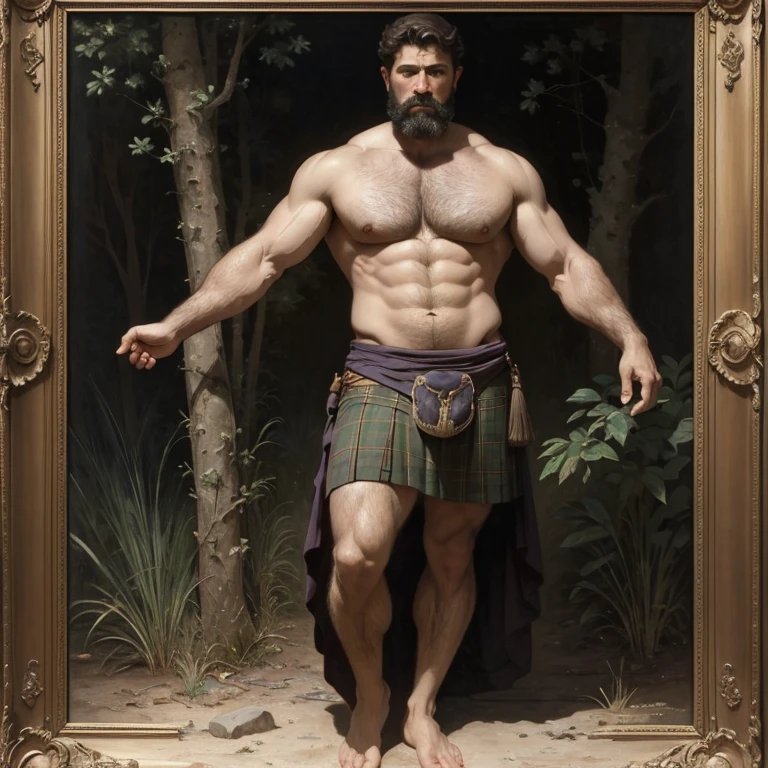 A full body portrait of an extremely strong and handsome 40s years old man wearing only a short kilt, strong arms and nude chest, highly detailed painting, portrait, artwork by William-Adolphe Bouguereau, ethereal, poetic pastoral