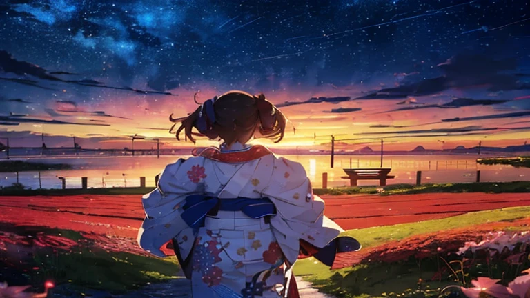 One girl, distant girl wearing a kimono staring at the performer, (Zoom out:1.1), (meteor群:1.2), (comet:1.1), yourname, Low Angle, From behind, Alola, meteor, Bathrobes, red kimono, cherry blossoms, Standing in the field,highest quality, masterpiece,  cloud,colorful, Starry sky,performer,big Perspective