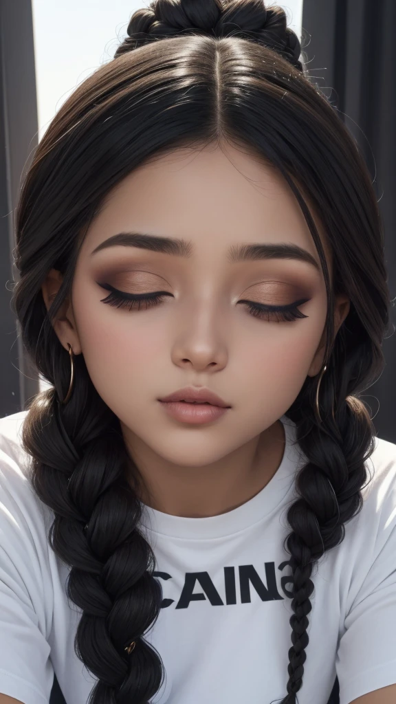 mujer atractiva, pelo negro, trenza simple, ojos seductores, mirada intensa, boca partida, rubor profundo, nervioso, Hermoso rostro, amazing makeup, Camiseta con hombros descubiertos