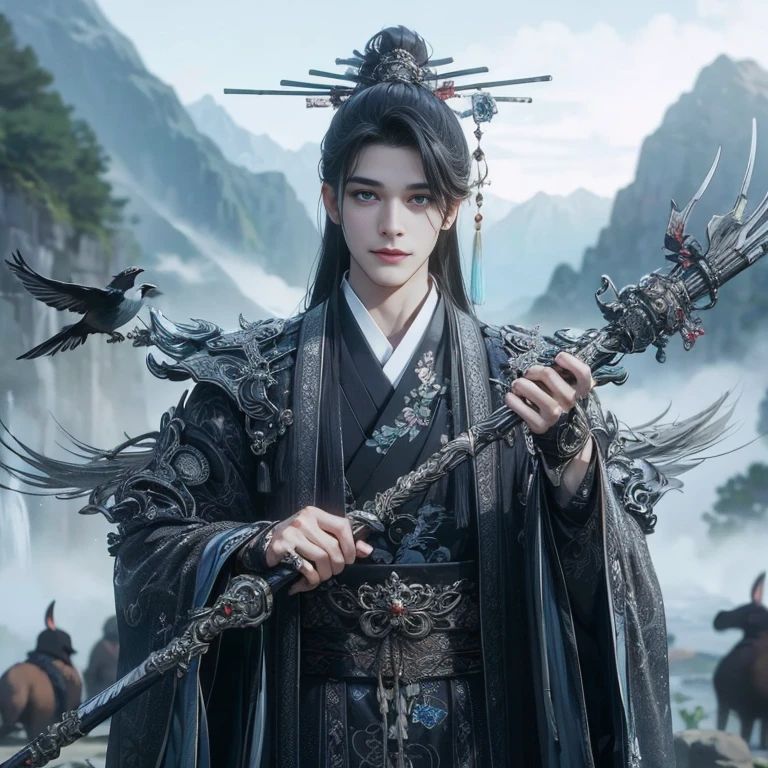 (Best Quality:1.2), (high resolution:1.2), (beautiful face and eye:1.2), (sharpest focus:1.2), (Ultra-realistic Photo:1.2), (Ultra-precise Photo:1.2), (Depth of field:1.2), (8k high resolution:1.2), (perfect anatomy:1.2), (nice hands:1.5),
(perfect hands:1.5), (Very young and neutral and beautiful Chinese man:1.5), (One iron whistle in each hand and wielded like a weapon:1.5), (A heroic stance:1.3), (A beautiful nobleman:1.0),
(A shiny black hermit-like garment with fancy embroidery:1.0), (Fearless smile:1.3), (A secluded hermit-like place deep in the mountains of China:1.0), (Mysterious fairyland:1.2), (Looking up angle:1.0),