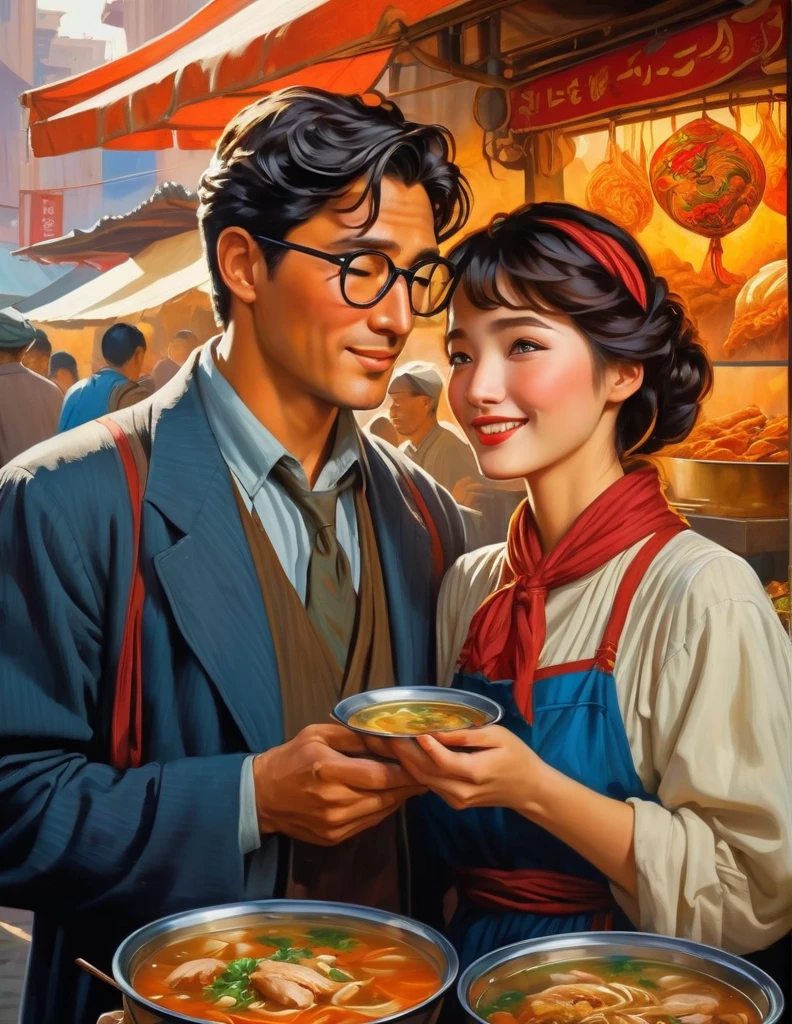 Clark Kent and Lois Lane at the street food stall in Xinjiang having a hot Chicken Soup happily, their eyes radiates love to each other, insanely detailed and intricate Xinjiang street food stall, photorealistic oil on canvas painting in Don Lawrence brush stroke style Alphonse Mucha Studio Ghibli