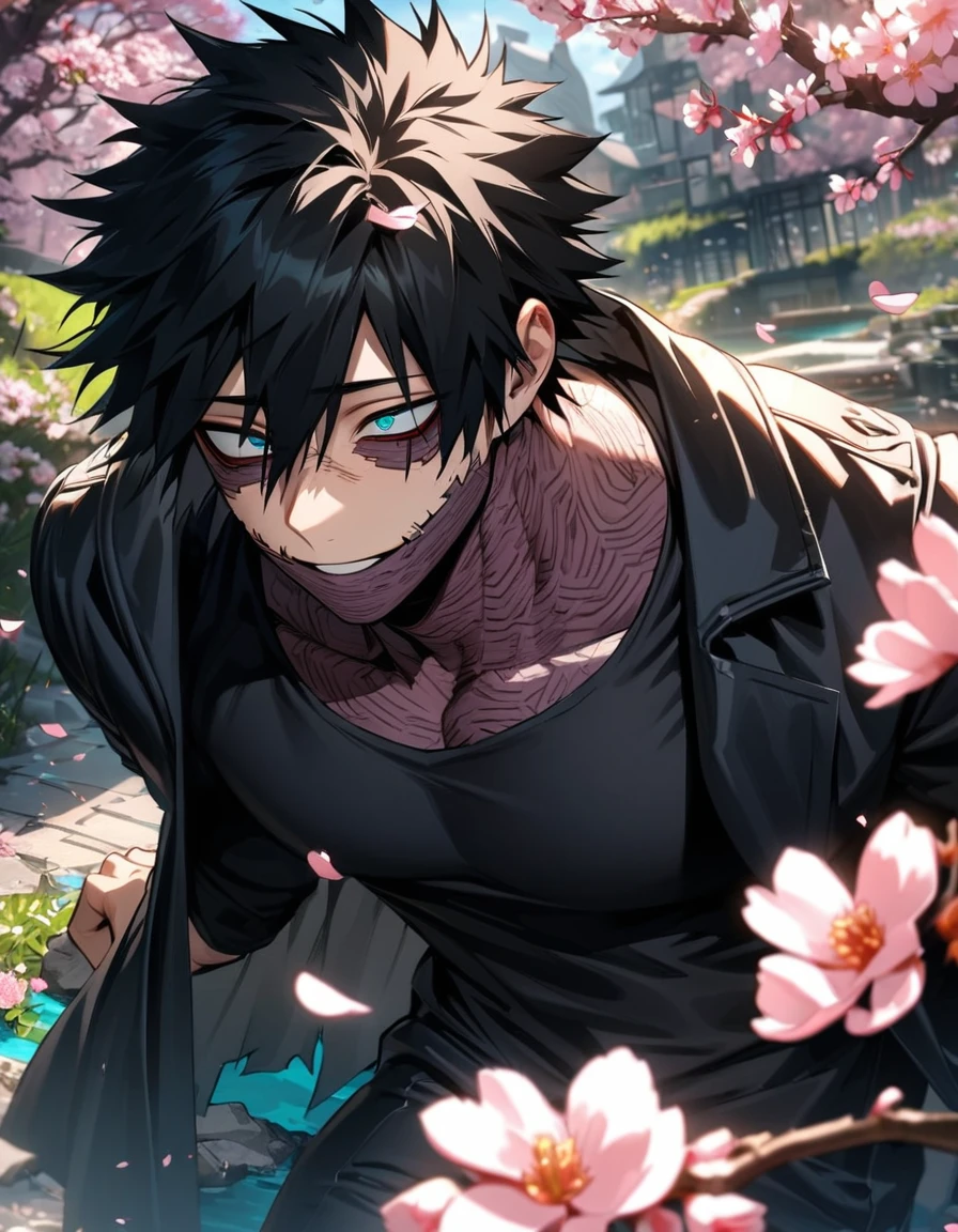 absurdres, highres, ultra detailed, HDR, masterpiece, extremely detailed face and eyes, Dabi, black hair spiked around his head, hair between the eyes, expressive turquoise eyes, boku no hero academia, solo, sexy man, handsome, black coat, black tight shirt, black pants, spring, blossoms, petals, birds