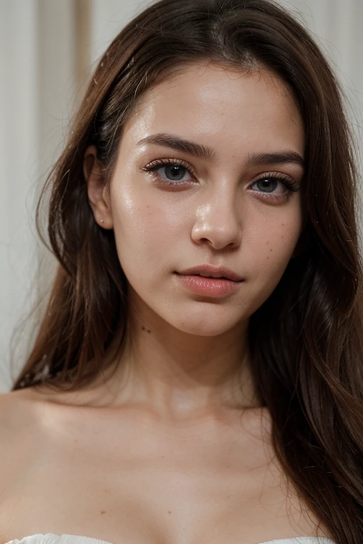 She is a very beautiful and attractive 23-year-old Turkish girl with blue eyes and only her face is visible. Her eyes should look good and be realistic.