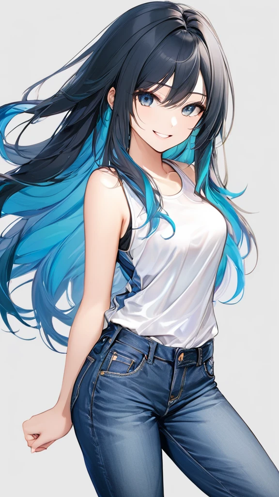 full body, (masterpiece:1.3)),(best quality:1.3),(ultra detailed:1.4),(extremely detailed),(absolutely resolution:1.3) ,absurdres,8k, 1girl, grin, ultra detailed eyes, long hair, multicolored hair, tanktops, jeans, 