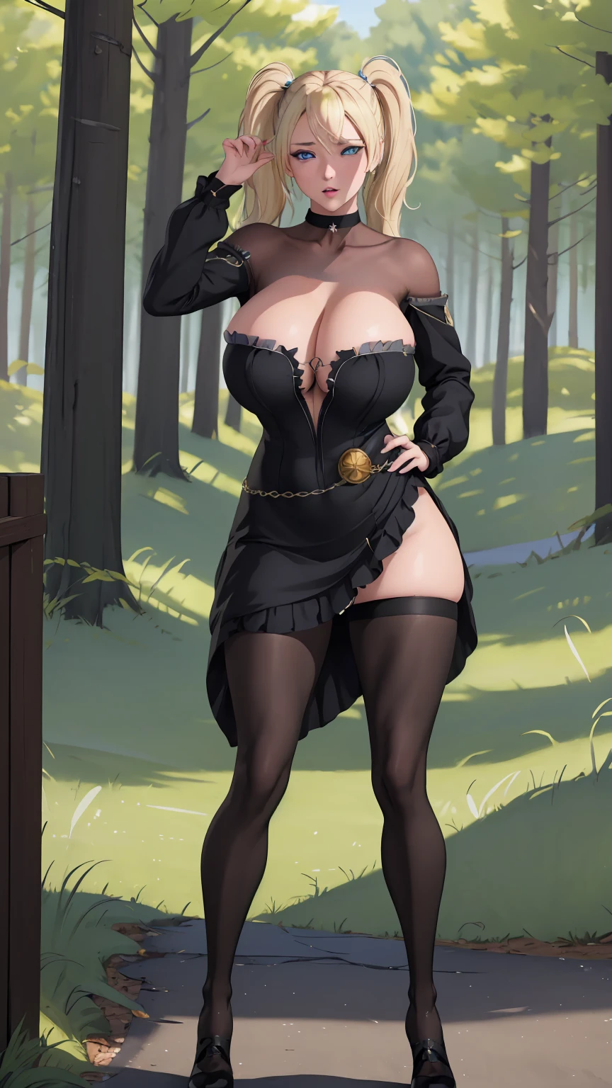masterpiece, best quality, extremely detail 8k cg, high resolution, 1girl, narukouzumaki, twintails, wisker marks, blonde hair, blue eyes, perfect eyes, slim body, gigantic breasts, bursting breasts, lacasindress, black thighhighs, cleavage, outdoors, beautiful face, full shot photo, full body