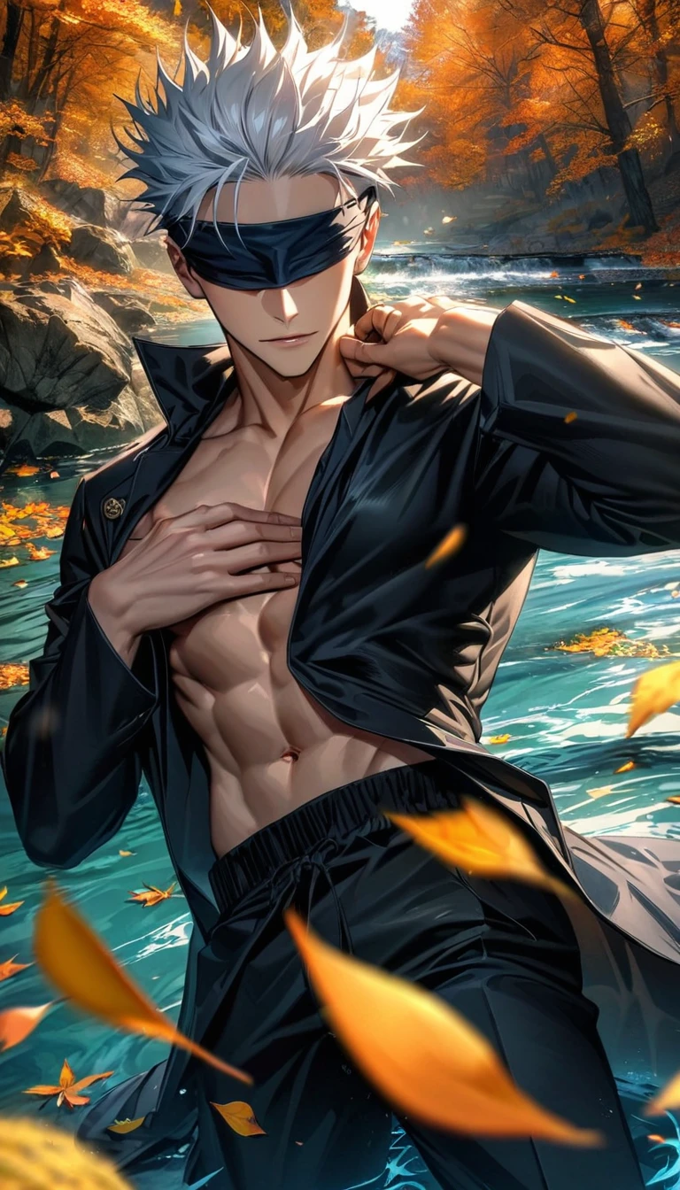 Ultra detailed, highres, absurdres, HDR, Gojo Satoru, white hair, blindfolded eyes, Jujutsu Kaisen, water, autumn, petals, orange and yellow leaves, sexy man, solo, extremely handsome, very detailed face and eyes, black shirt, black long coat, black pants, toned chest, touching his chest,