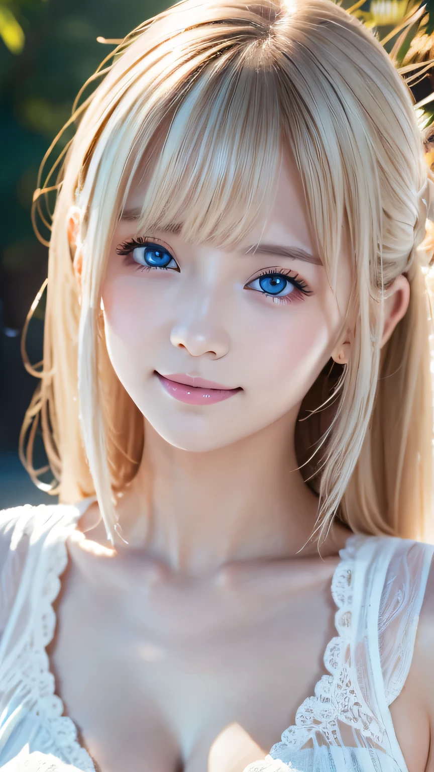 Mastepiece, Best Quality, Illustration, Super detailed, Fine details, High resolution, 8K Denden Wallpaper, Perfect dynamic composition, Beautiful detailed bright sparkling pale sky blue eyes, Women&#39;s Fashion Summer,Super long platinum blonde hair、Bangs between the eyes、,Big Breasts、Natural color lip, Bold sexy pose,A shy smile,Cute、20 year old girl、Small Face Girl、Sexy shot looking at the camera、Cheek highlighter